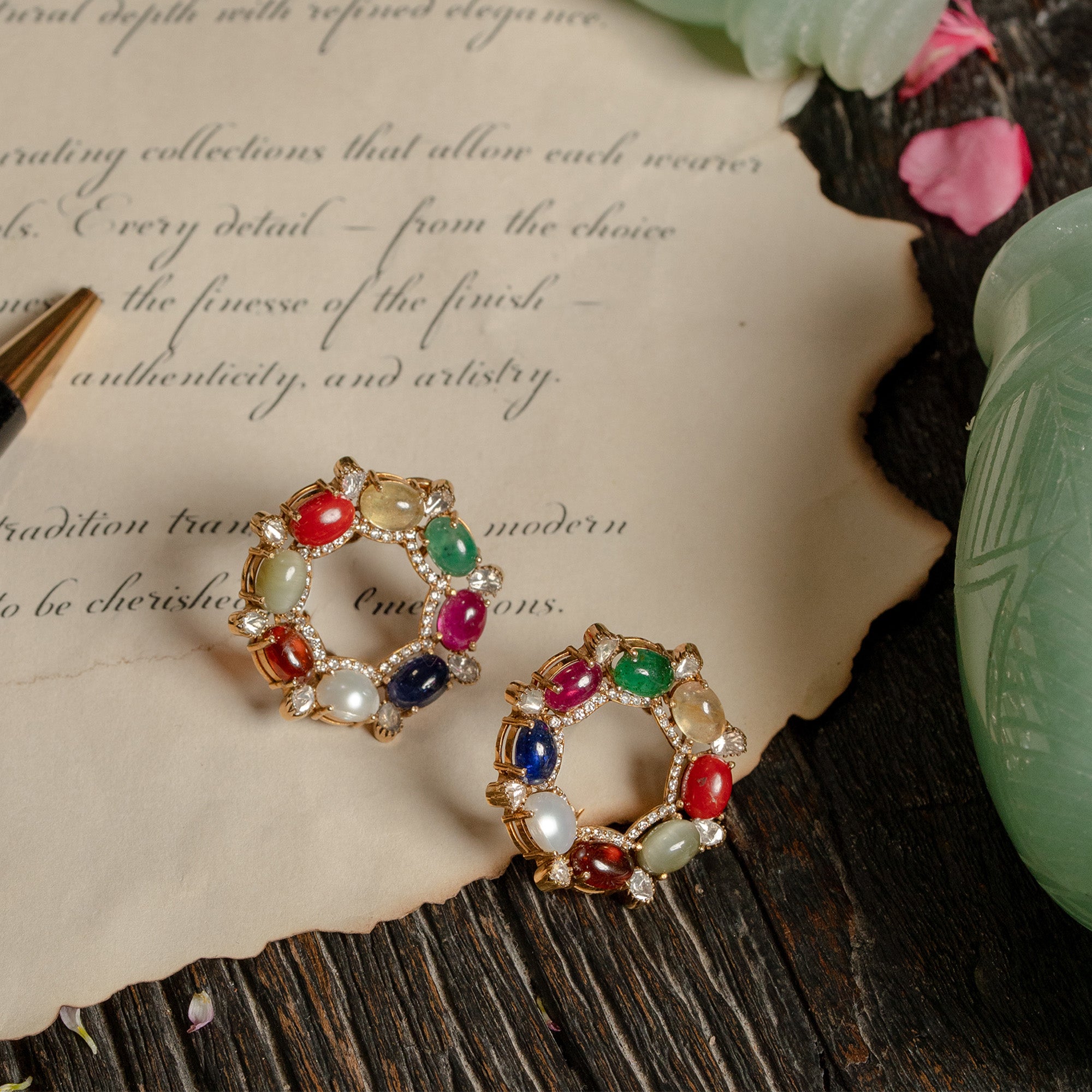 Multigemstone Navratan gold earrings with Polki diamonds, luxury traditional Indian fine jewellery