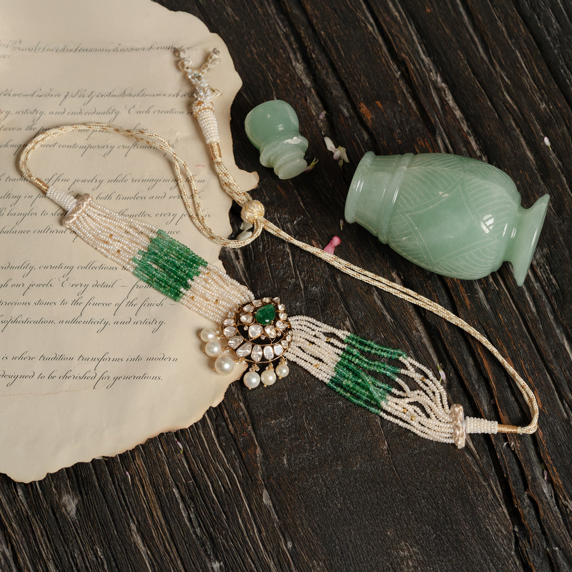 Emerald Polki diamond gold choker, handcrafted luxury traditional jewellery, statement choker for women