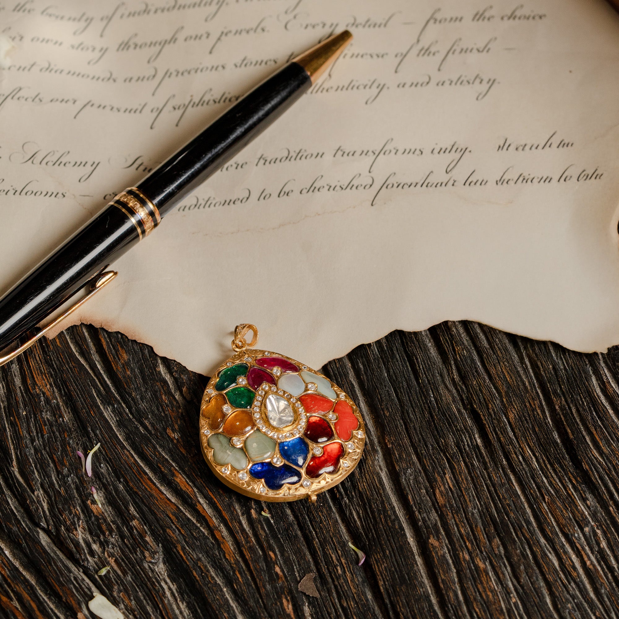 Navratan gemstone gold pendant, handcrafted luxury traditional jewellery, statement pendant necklace for women