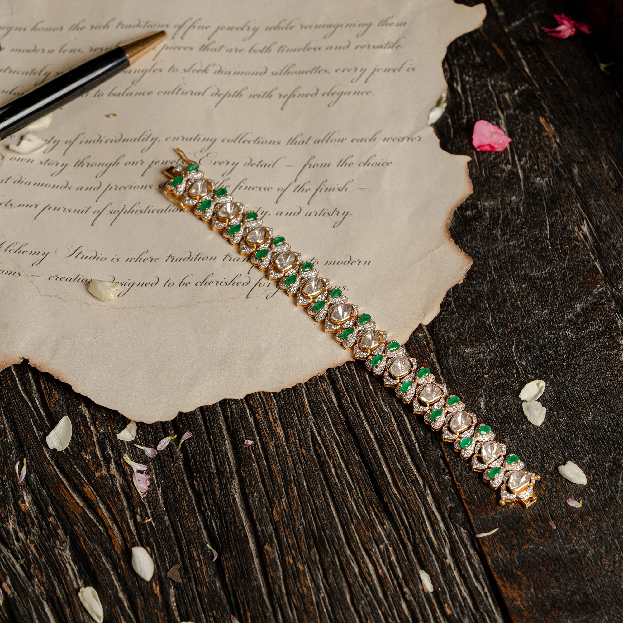 Emerald and Polki diamond gold bracelet, traditional artisanal jewellery India