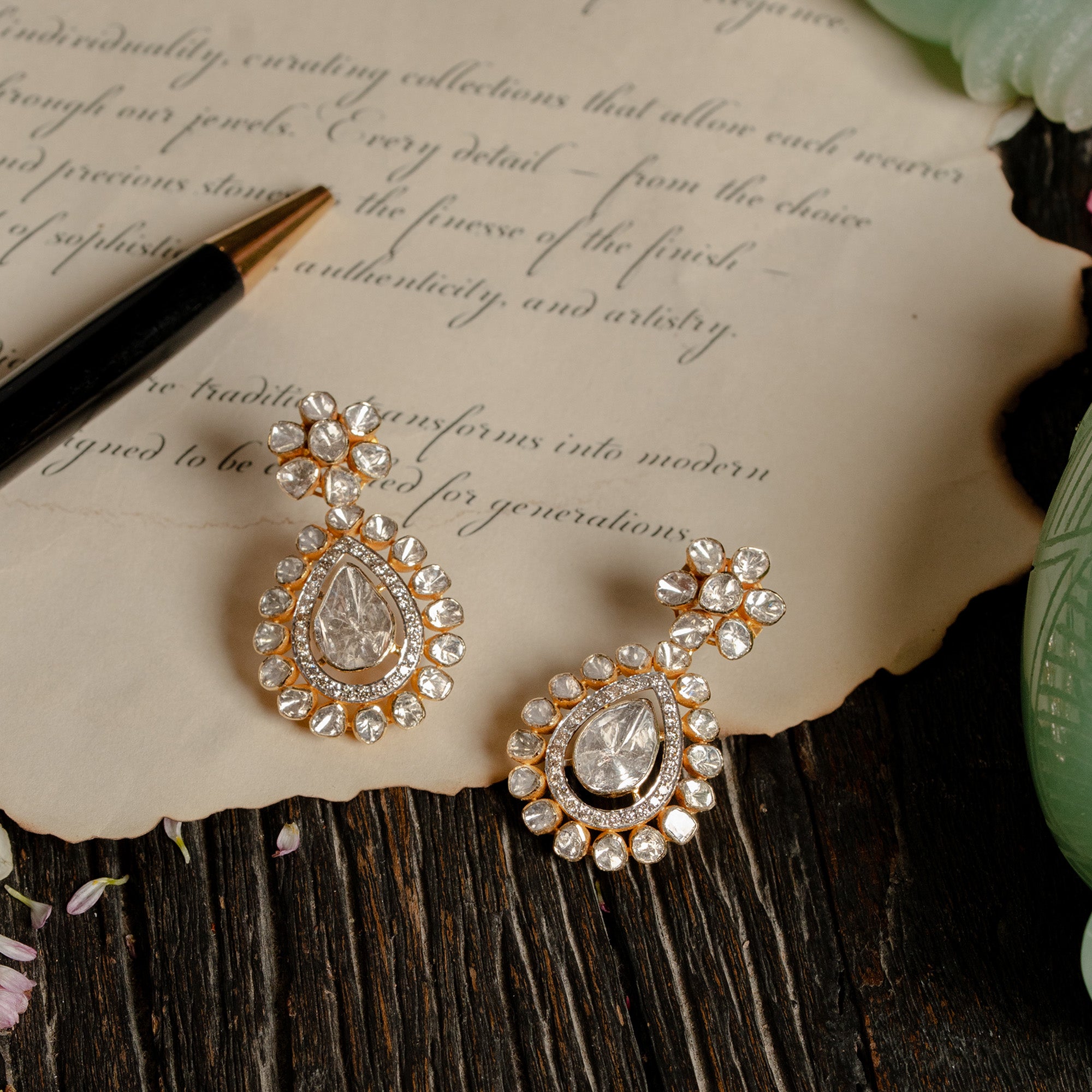 Polki uncut diamond gold earrings, handcrafted heritage luxury jewellery for women in India