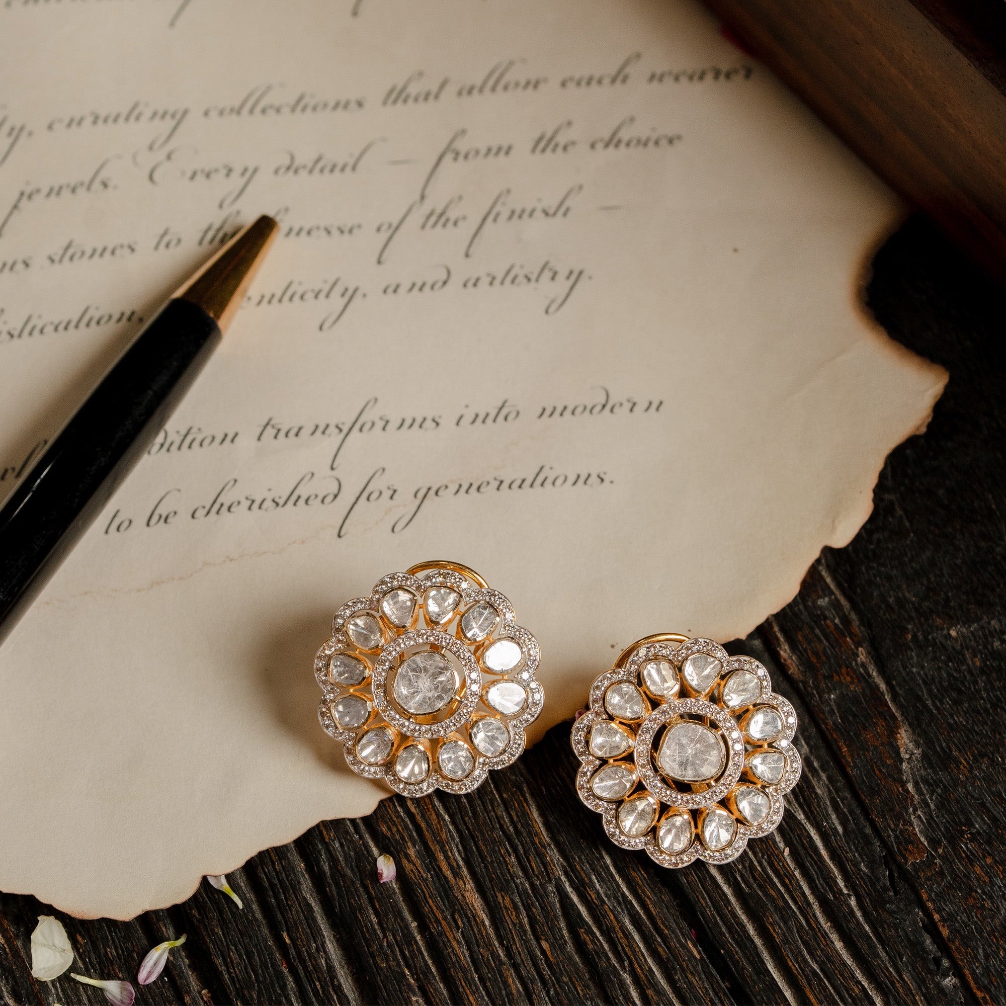 Polki uncut diamond gold earrings, artisanal handcrafted traditional luxury jewellery for women