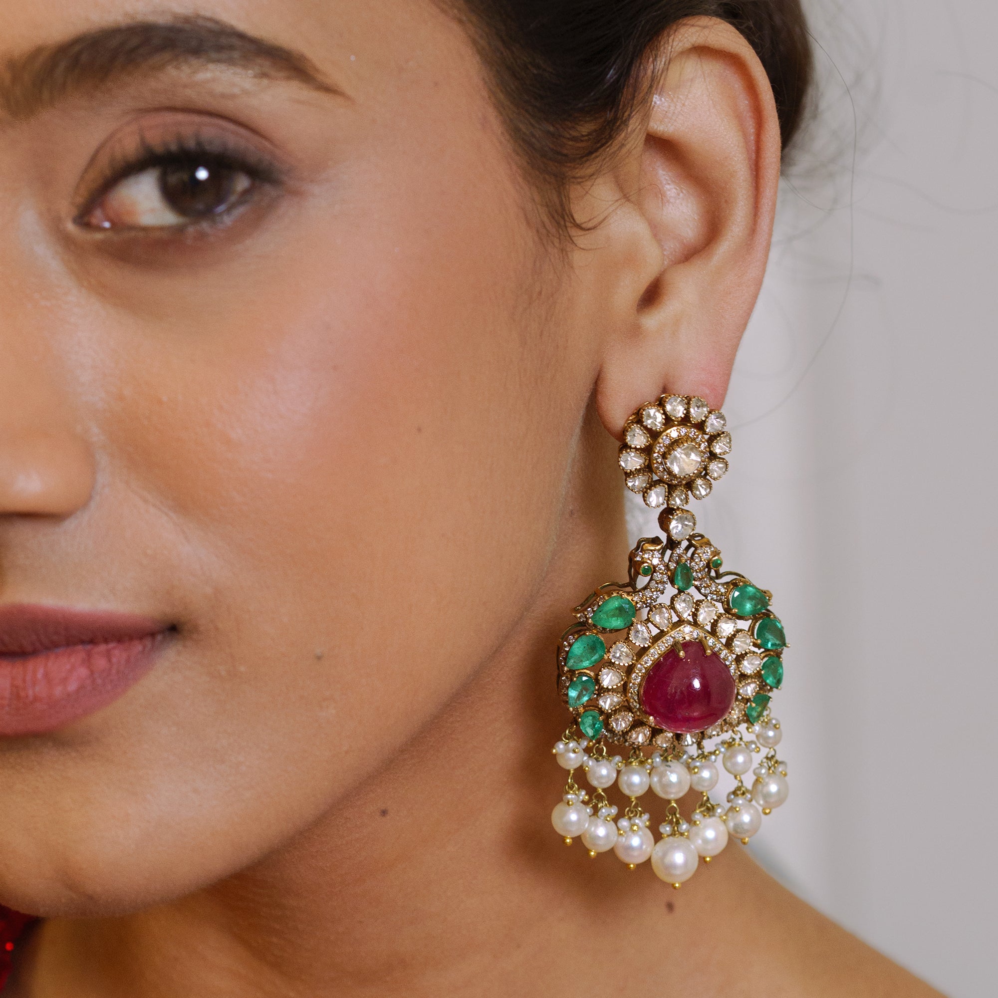 Ruby and Polki diamond gold earrings, luxury handcrafted heritage Indian fine jewellery