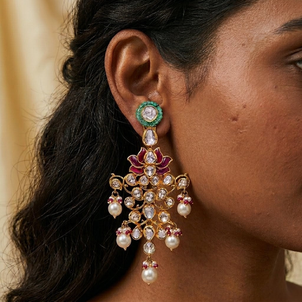 Lotus Polki Ruby Emerald Earrings