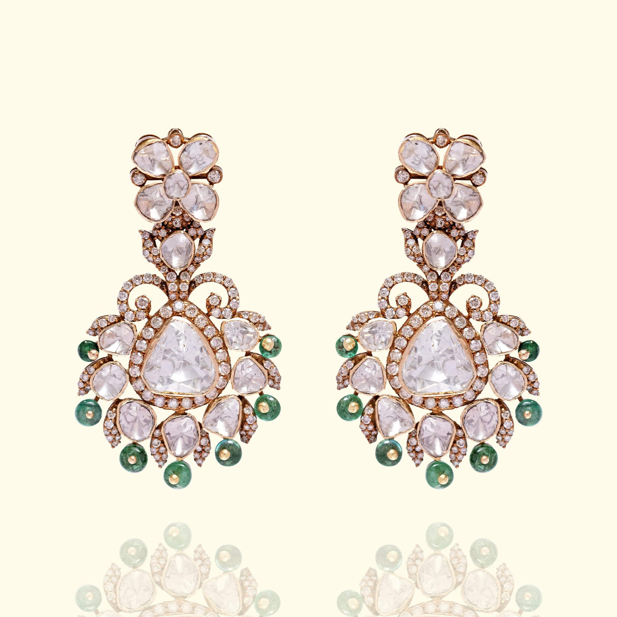 Emerald and Polki uncut diamond gold earrings, handcrafted luxury fine jewellery for women