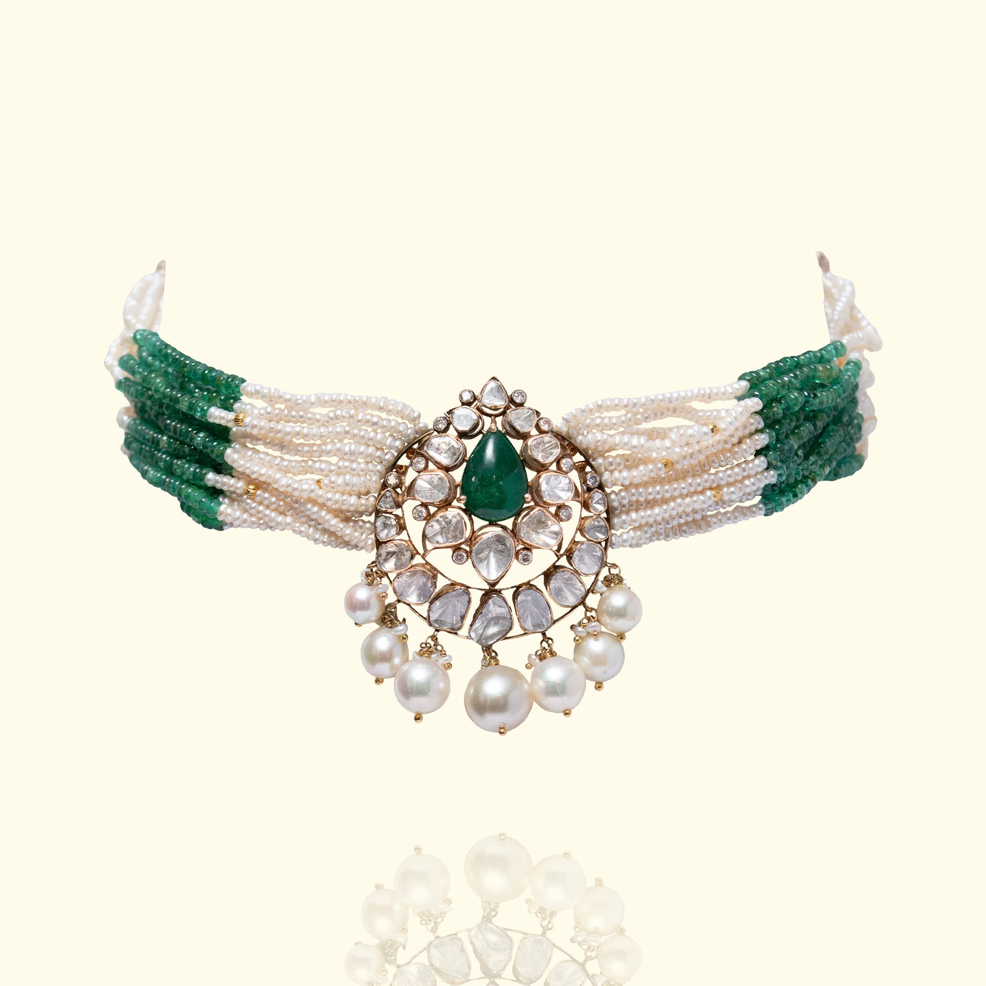 Emerald Polki diamond gold choker, handcrafted luxury traditional jewellery, statement choker for women