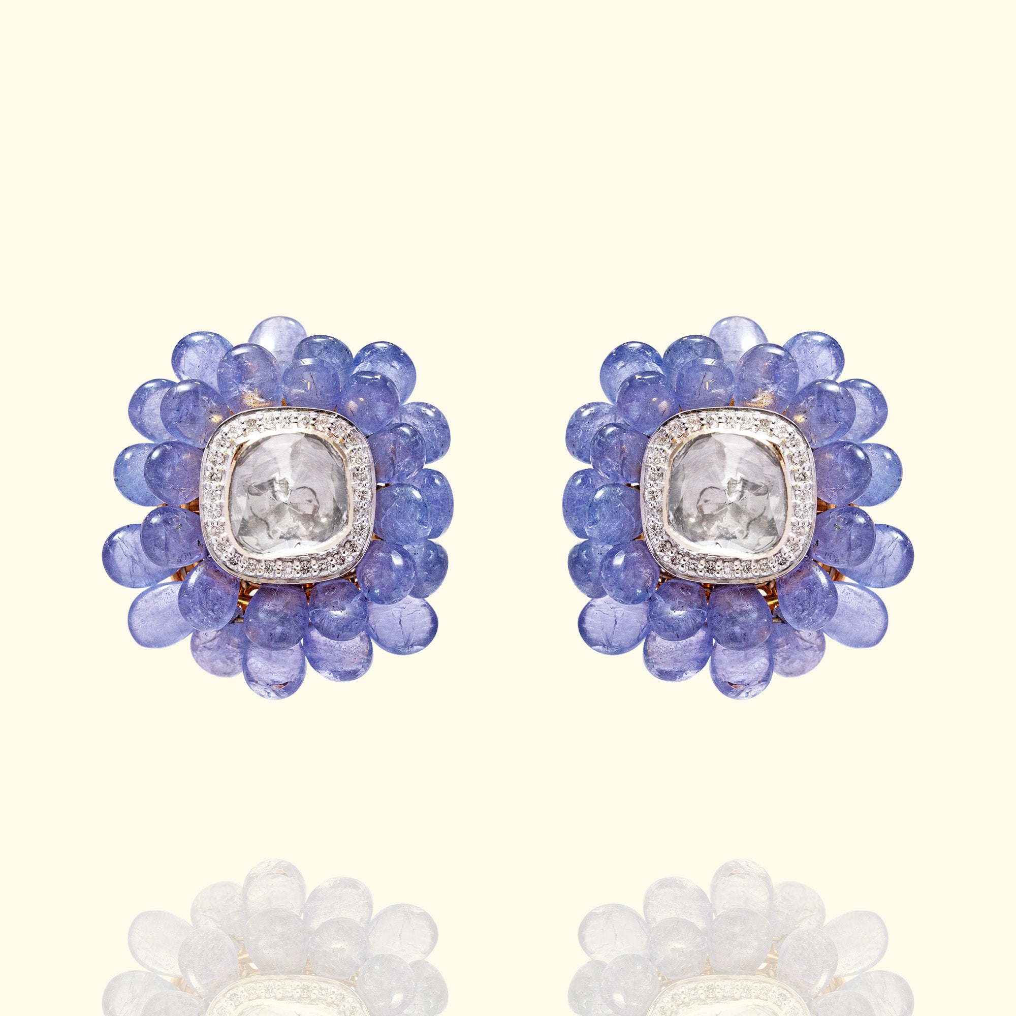 Polki diamond and tanzanite gold earrings, traditional handcrafted luxury jewellery for women
