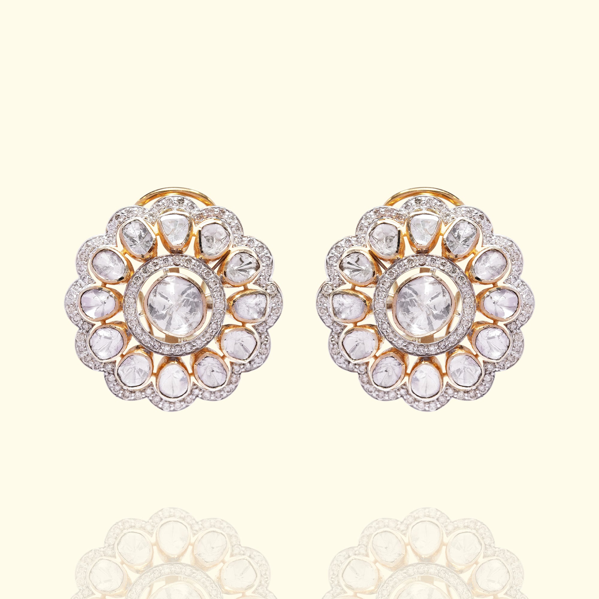 Polki uncut diamond gold earrings, artisanal handcrafted traditional luxury jewellery for women