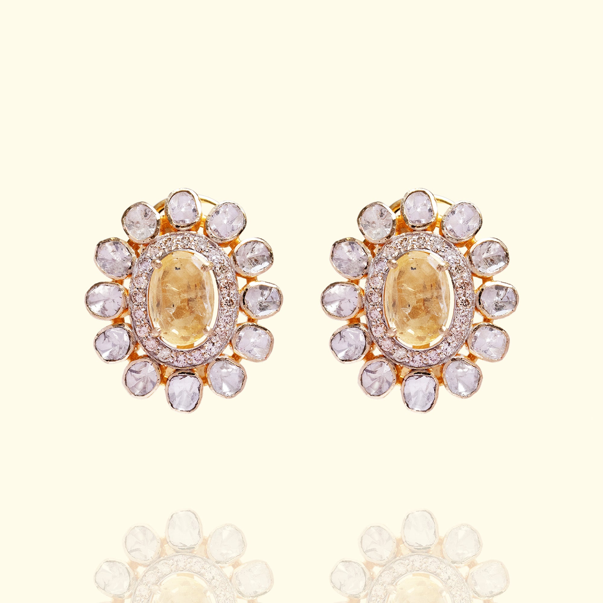 Polki diamonds with yellow sapphire gold earrings, handcrafted luxury Indian fine jewellery
