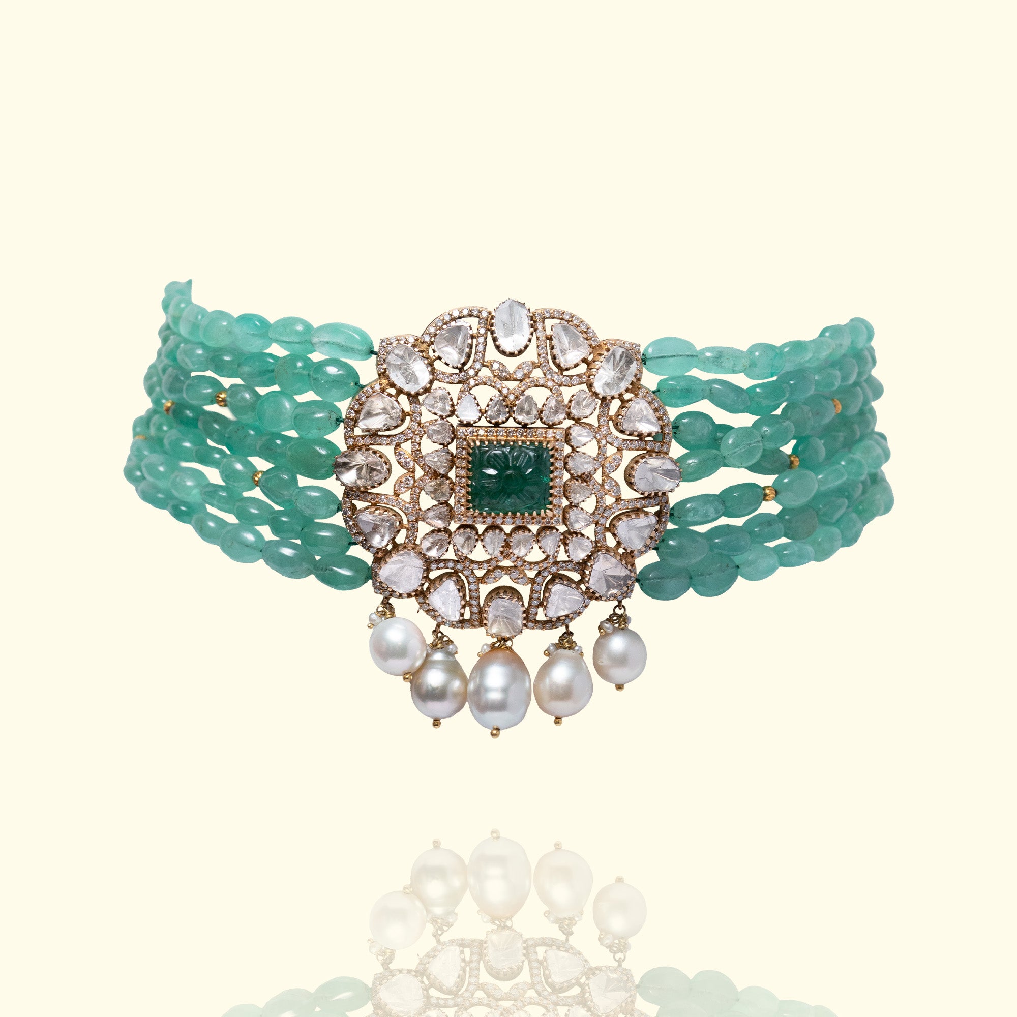 Carved emerald Polki diamond gold choker, luxury handcrafted traditional jewellery, statement choker for women