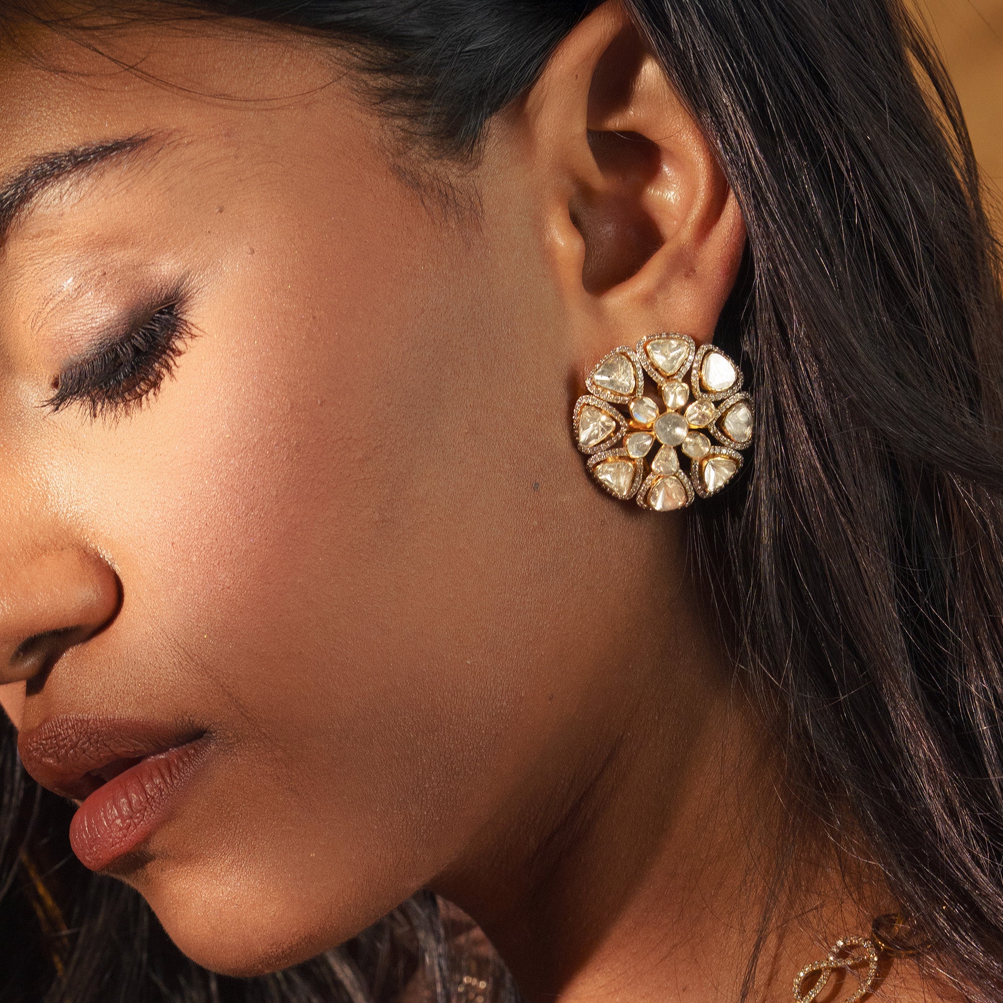 Polki uncut diamond gold earrings, handcrafted traditional luxury jewellery for women