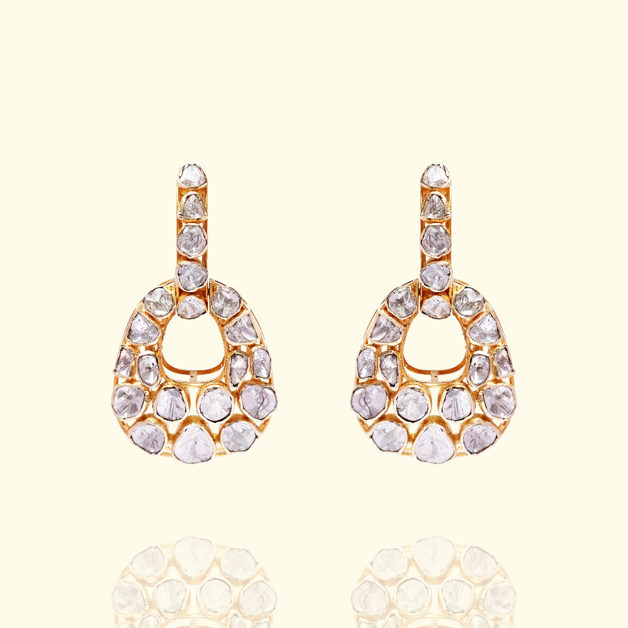 Polki uncut diamond gold earrings, traditional handcrafted luxury Indian fine jewellery for women