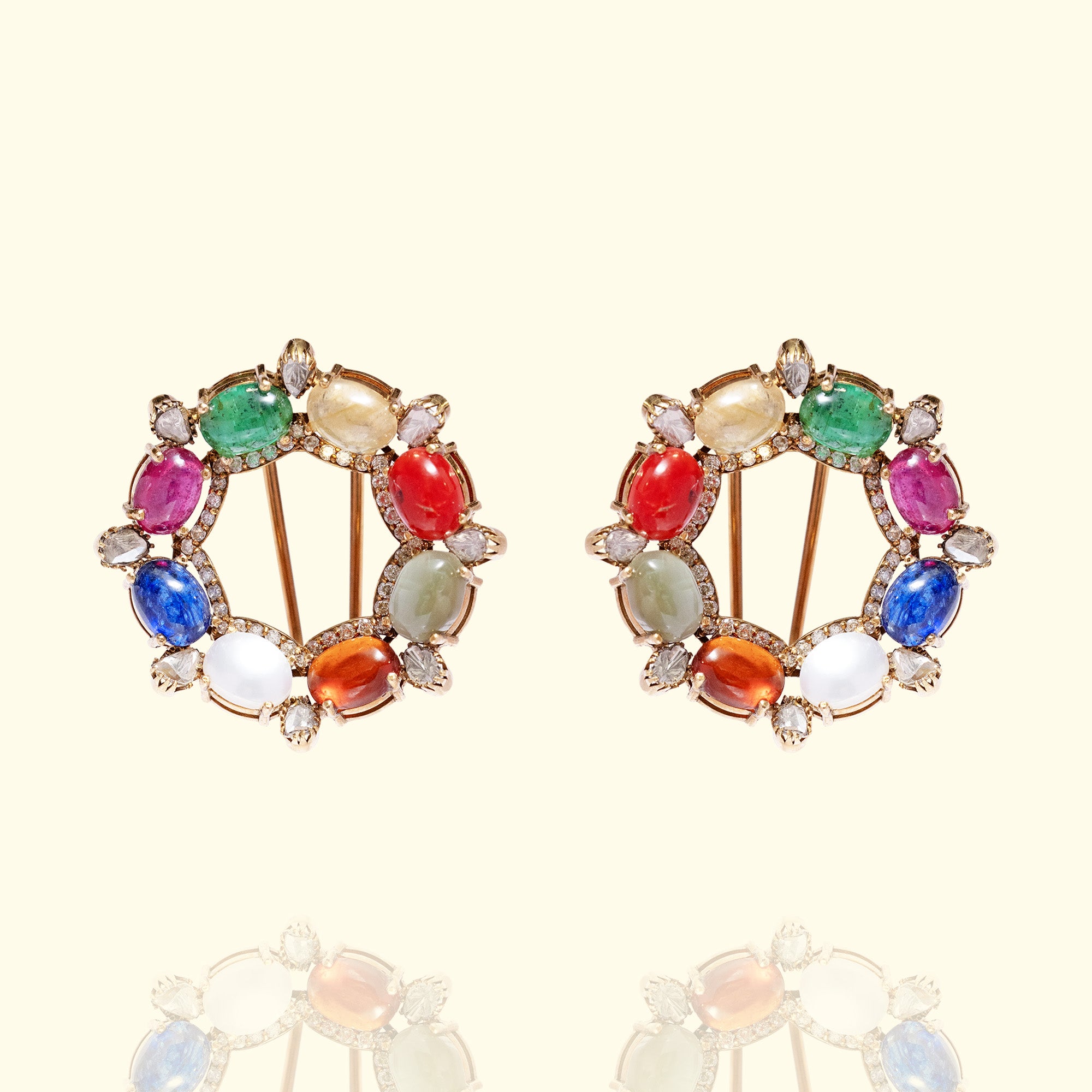 Multigemstone Navratan gold earrings with Polki diamonds, luxury traditional Indian fine jewellery