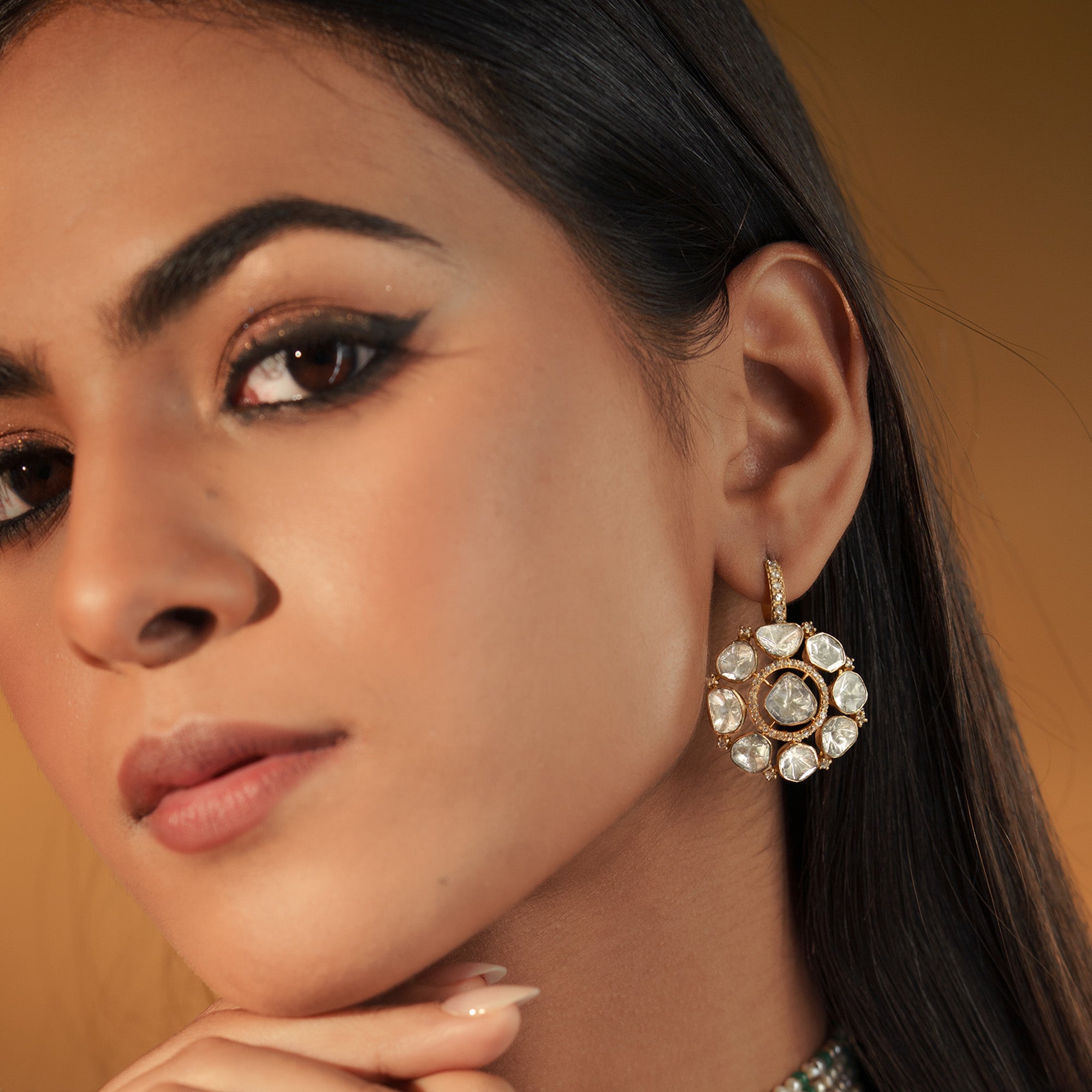 Polki diamond gold earrings, handcrafted luxury Indian heritage fine jewellery for women