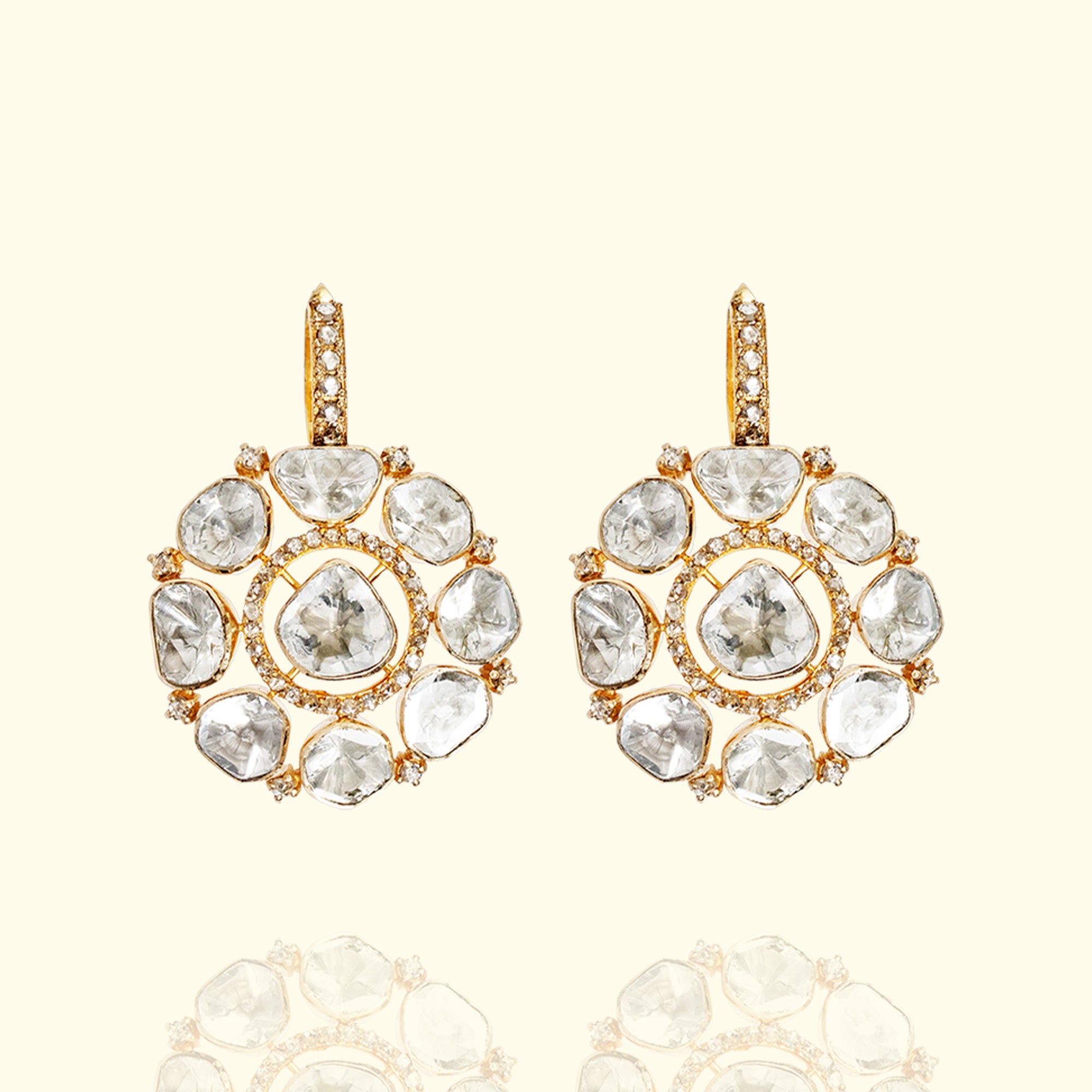 Polki diamond gold earrings, handcrafted luxury Indian heritage fine jewellery for women