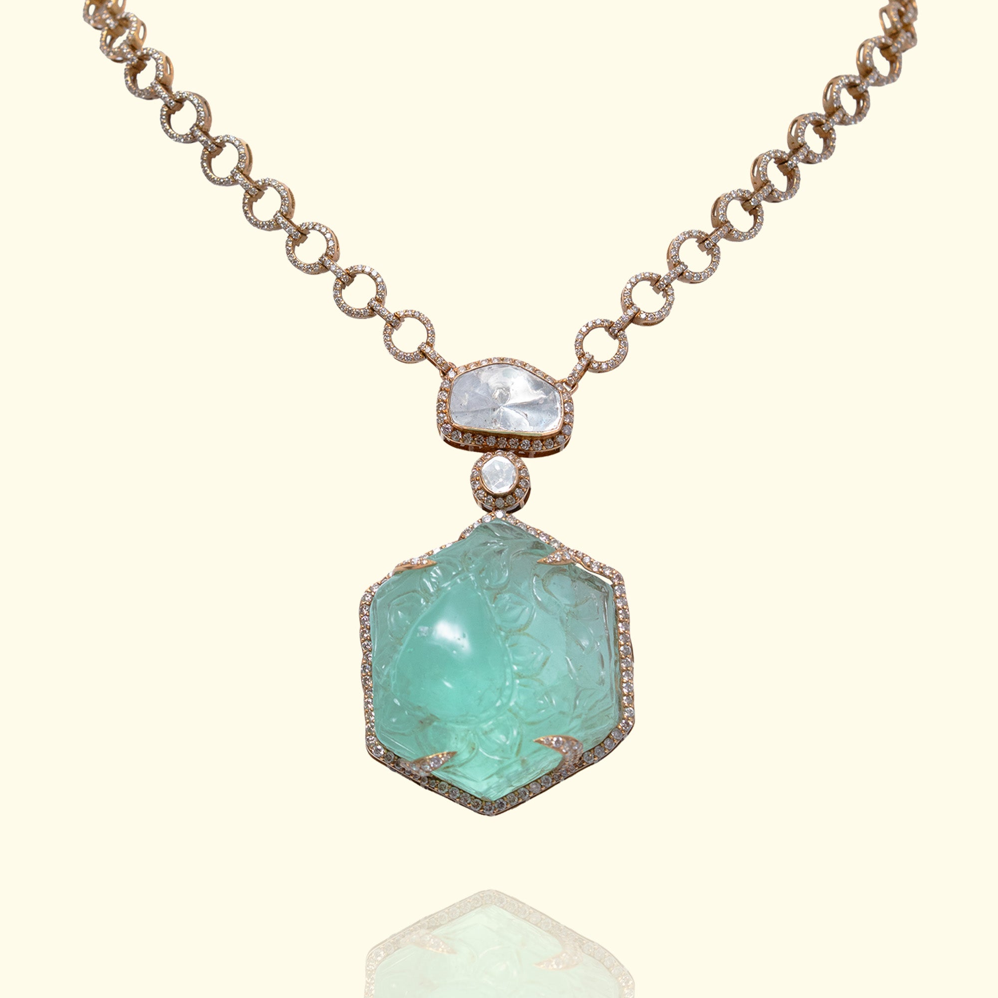 Emerald Polki diamond gold necklace, luxury handcrafted traditional Indian jewellery, statement necklace for women