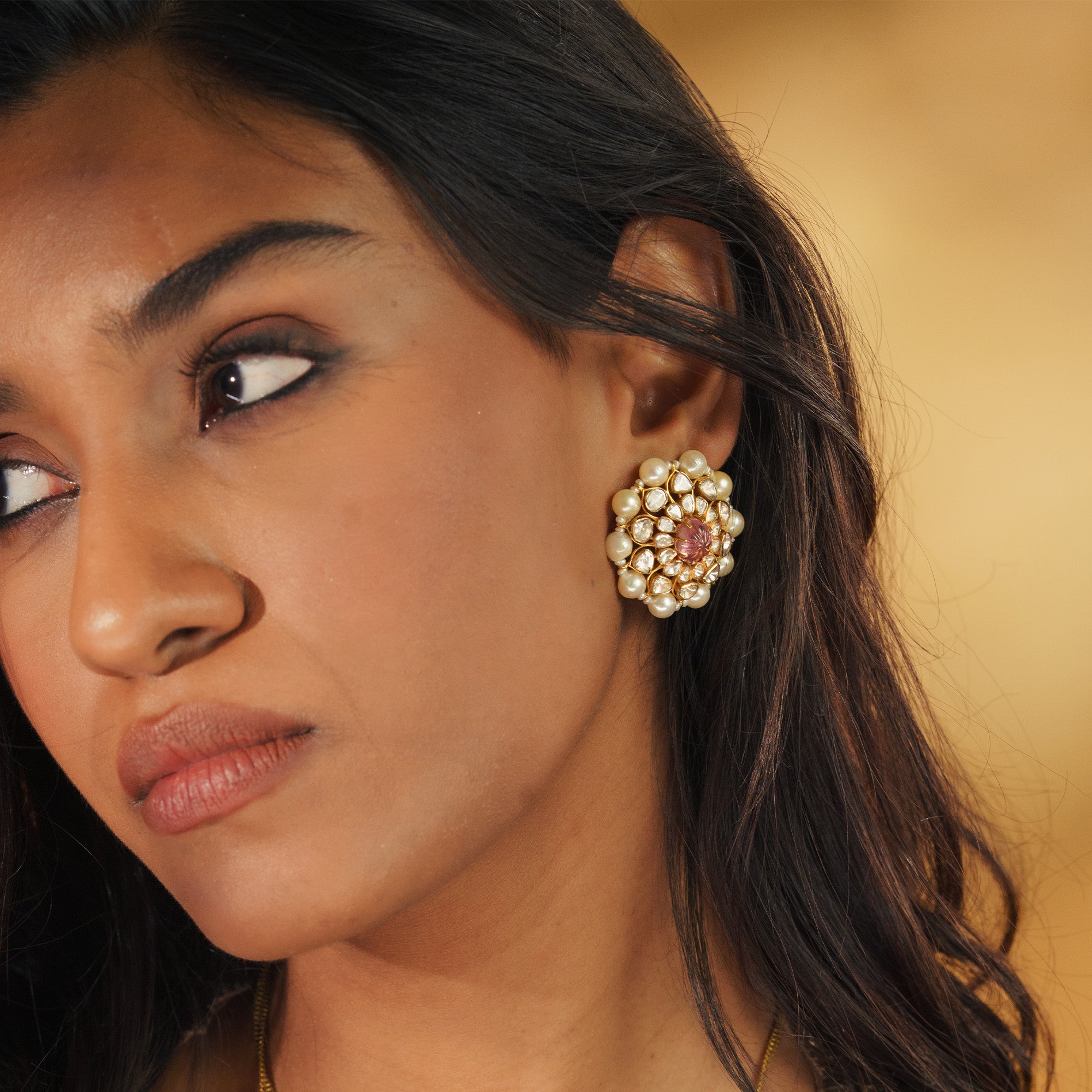 Pearl and Polki diamond gold earrings, traditional handcrafted luxury fine jewellery for women