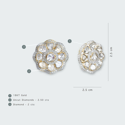 18kt Gold Mireya Diamond Border Uncut Diamond Flower Earrings