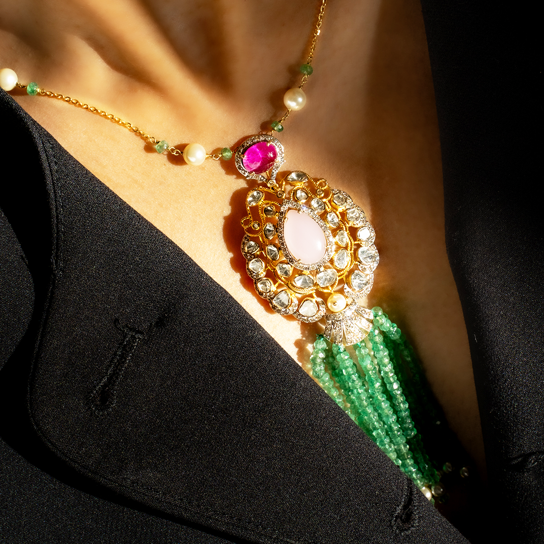 Raya Ruby Morganite Emerald Polki Pendant