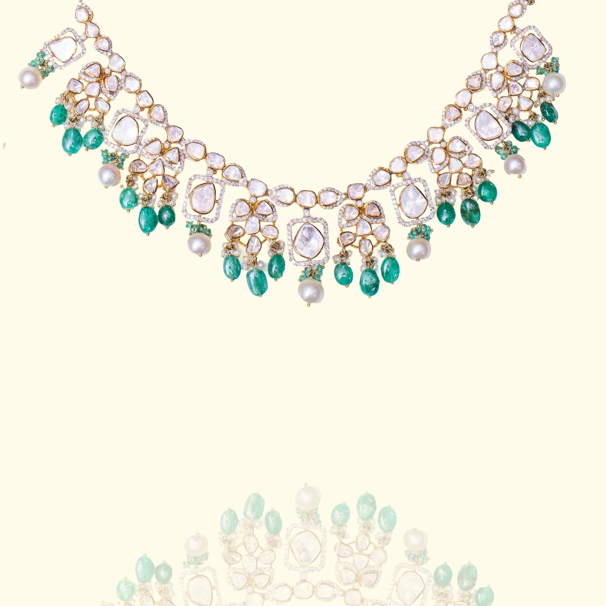 Emerald and Polki diamond gold necklace, luxury handcrafted traditional fine jewellery for women
