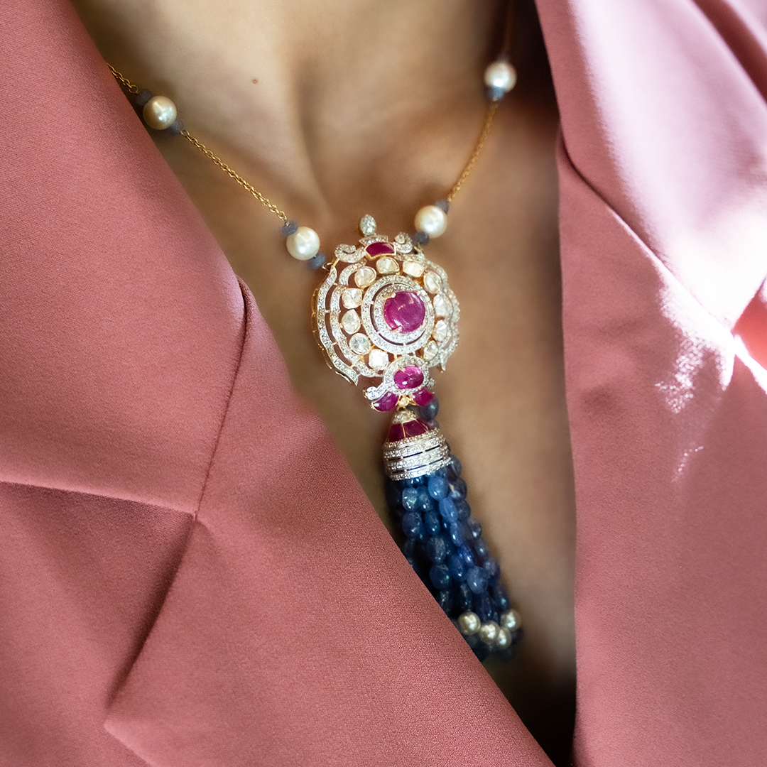 Jhoom Tanzanite Ruby Polki Pendant