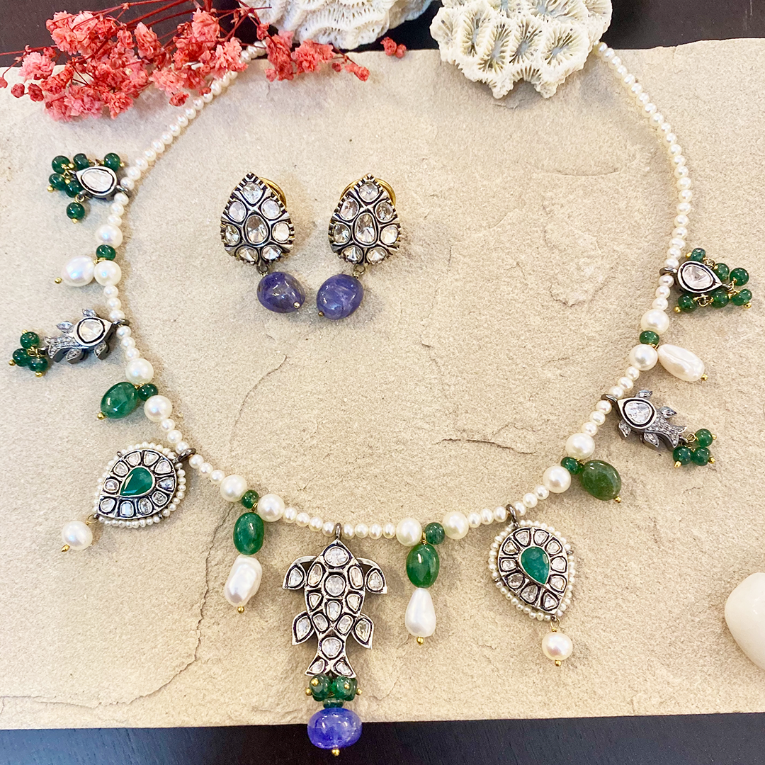 Palaash Emerald Tanzanite Polki Necklace