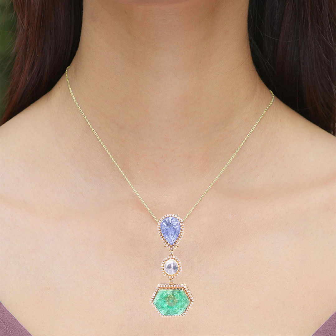 Chloe Emerald Tanzanite Polki Pendant