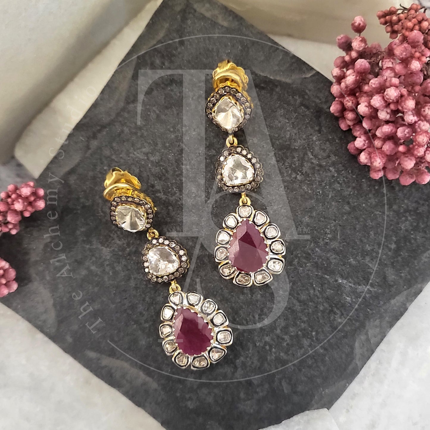 Clara Ruby and Uncut Diamond Dangling Earrings