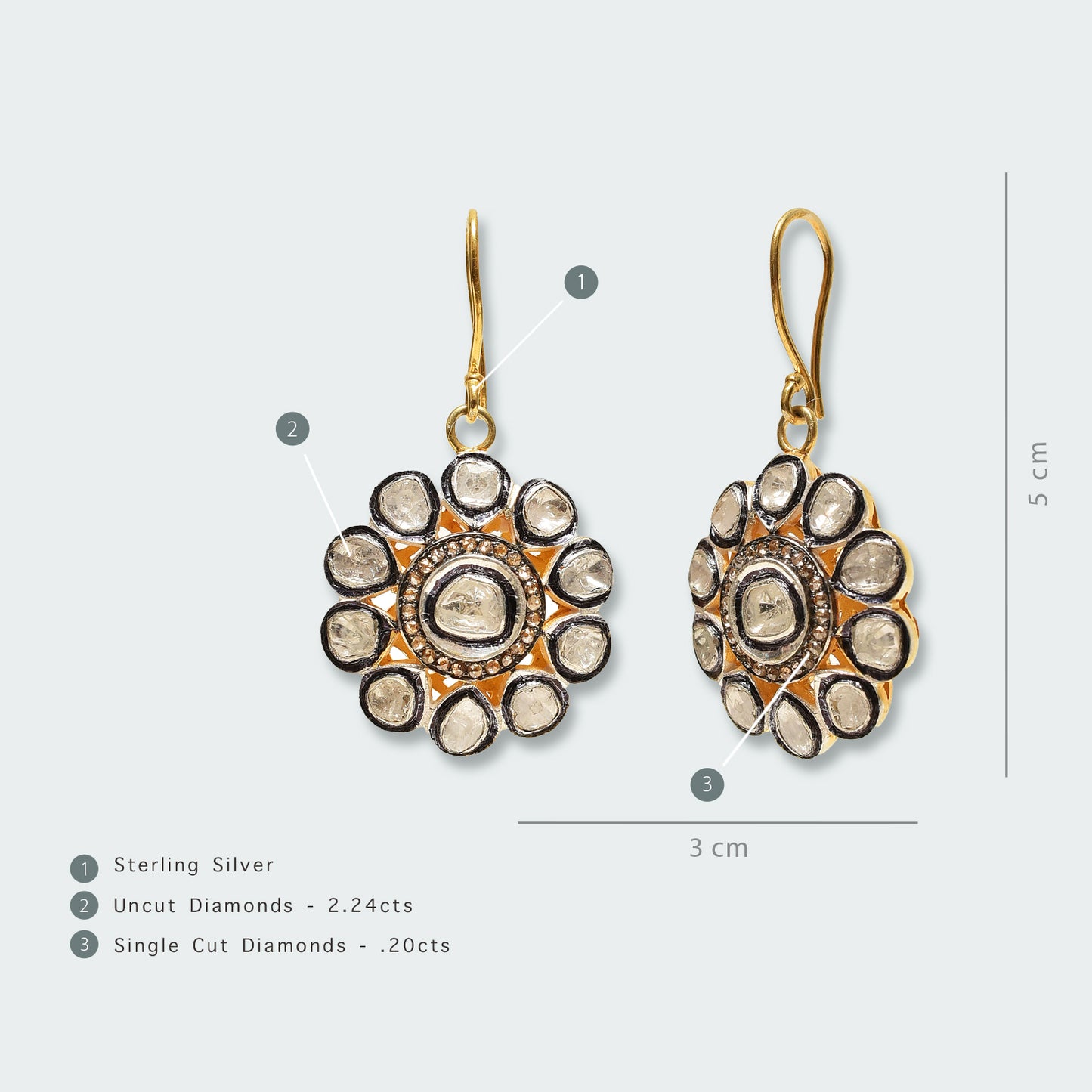 Nior et Blanc Dangling Flower Uncut Diamond Earrings