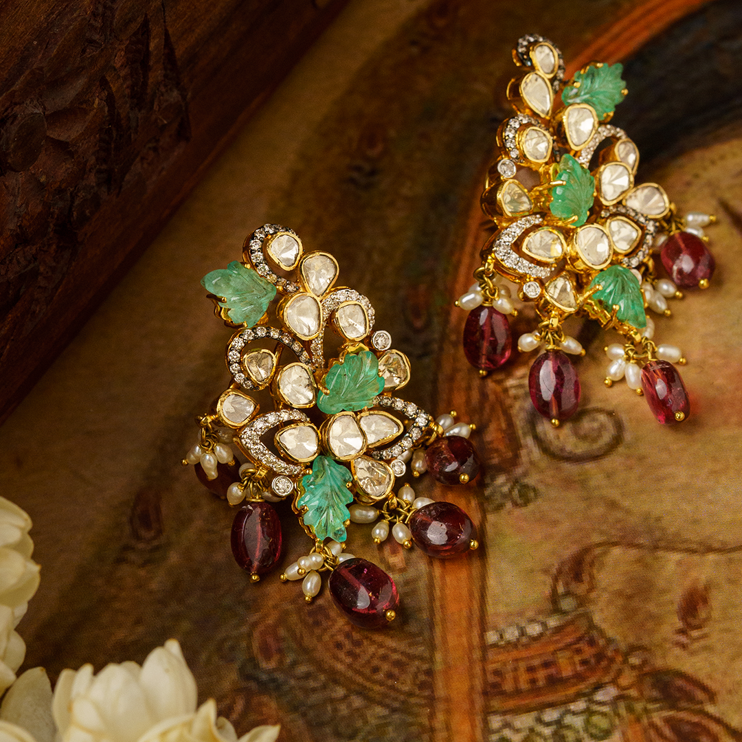 Petal Emerald Tourmaline Polki Earrings