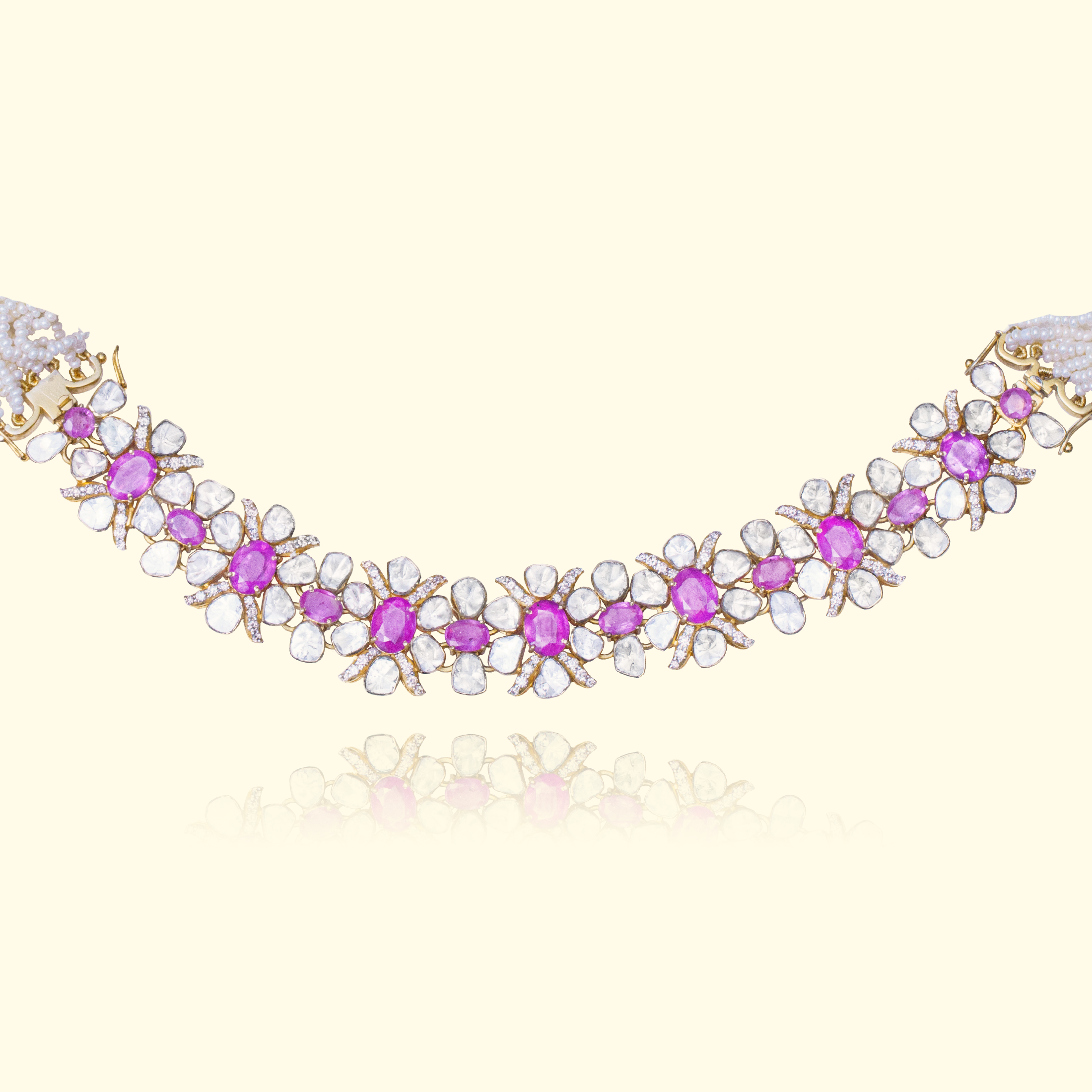 Pink Sapphire Polki Flower Detachable Necklace & Bracelet