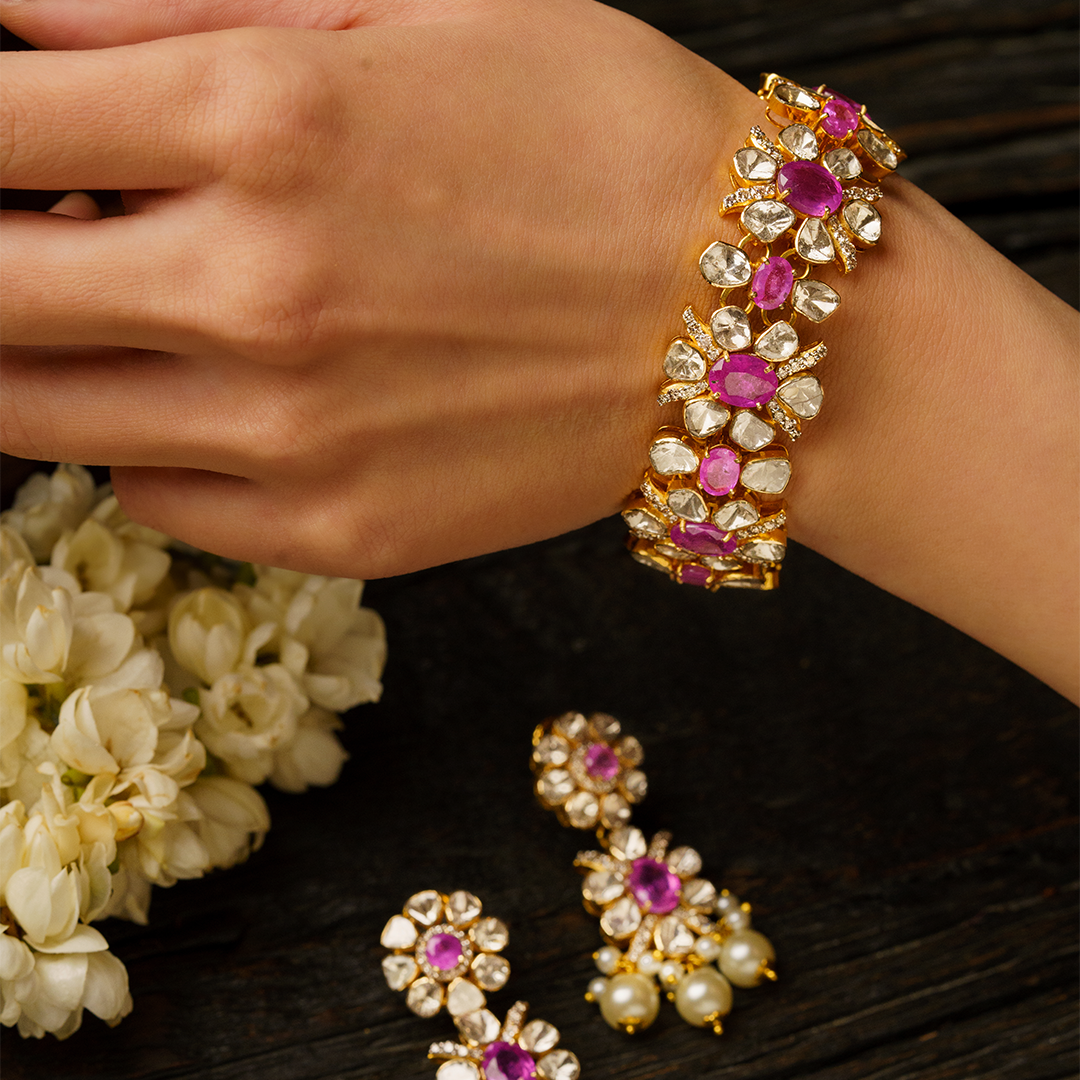 Dual Flower Pink Sapphire Polki Detachable Necklace & Bracelet
