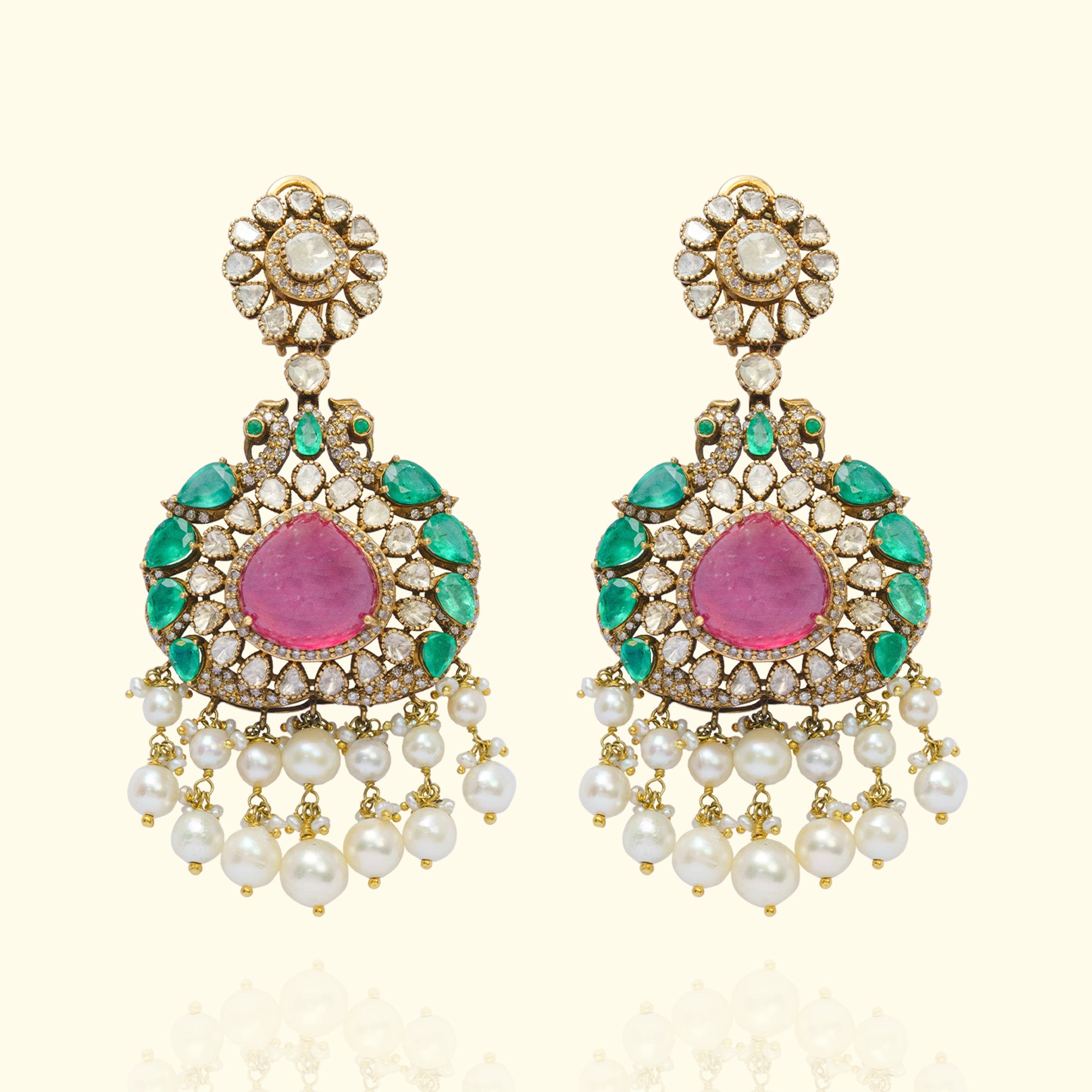 Ruby and Polki diamond gold earrings, luxury handcrafted heritage Indian fine jewellery