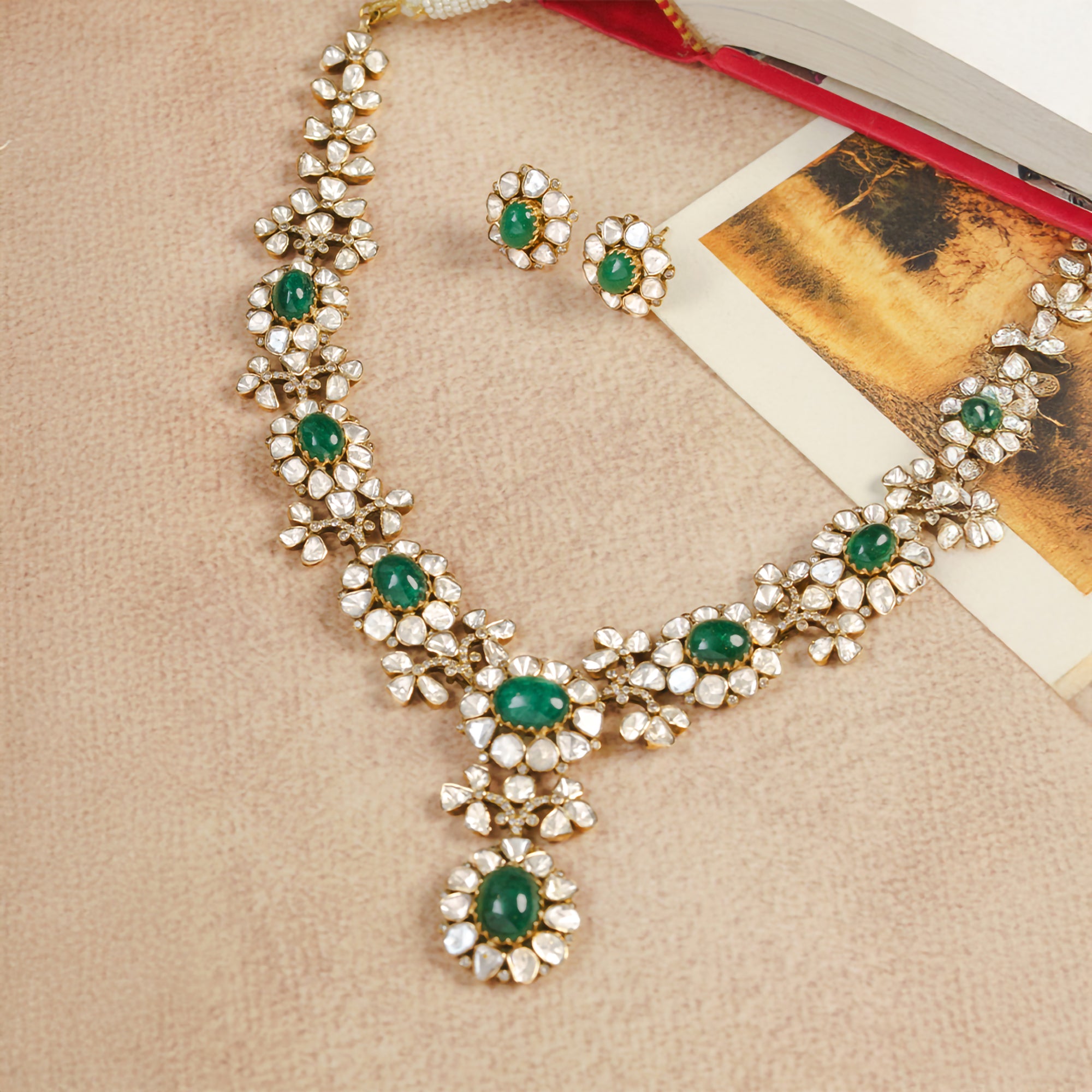 Aleezah Floral Emerald Polki Necklace