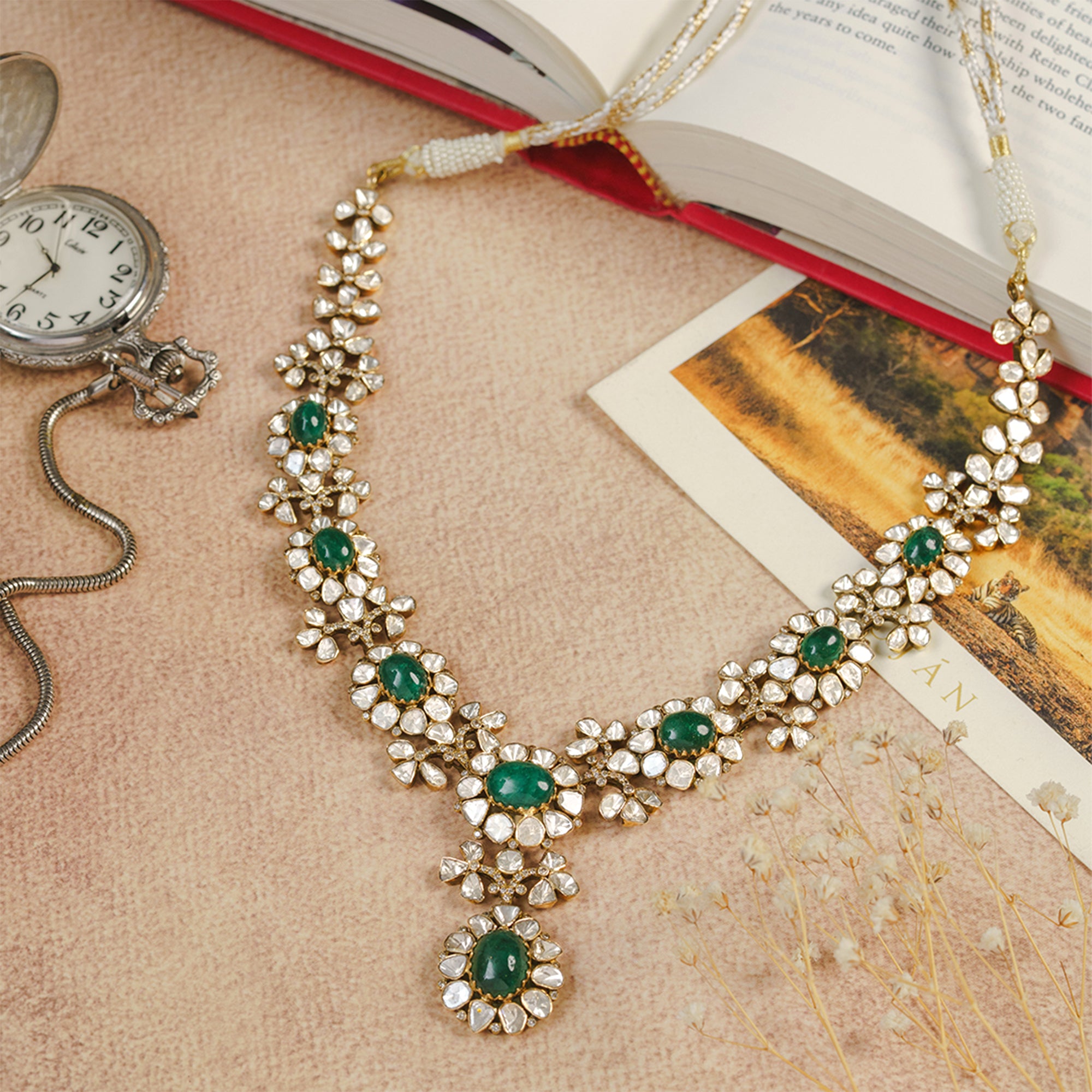 Aleezah Floral Emerald Polki Necklace