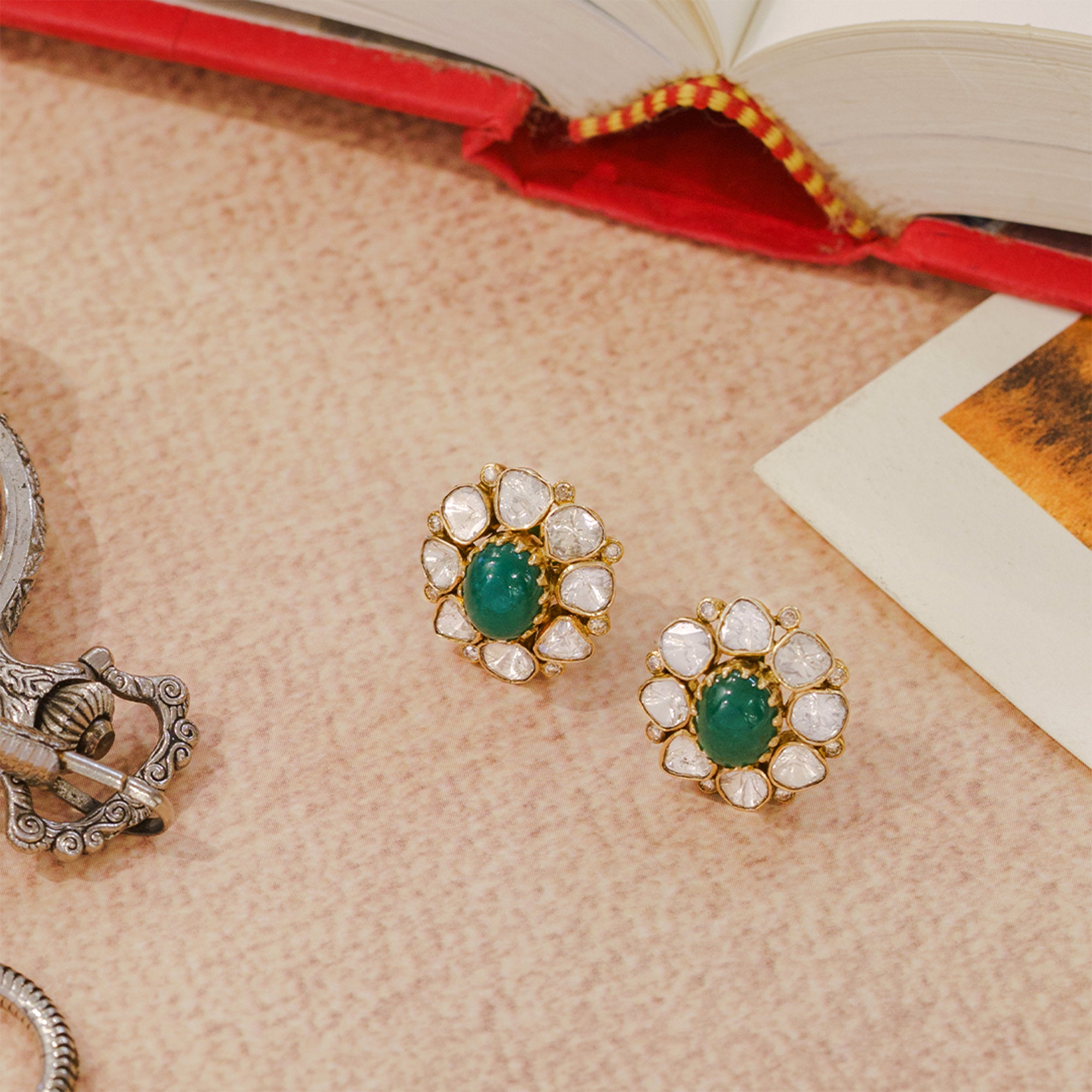 Aleezah Floral Emerald Polki Earrings