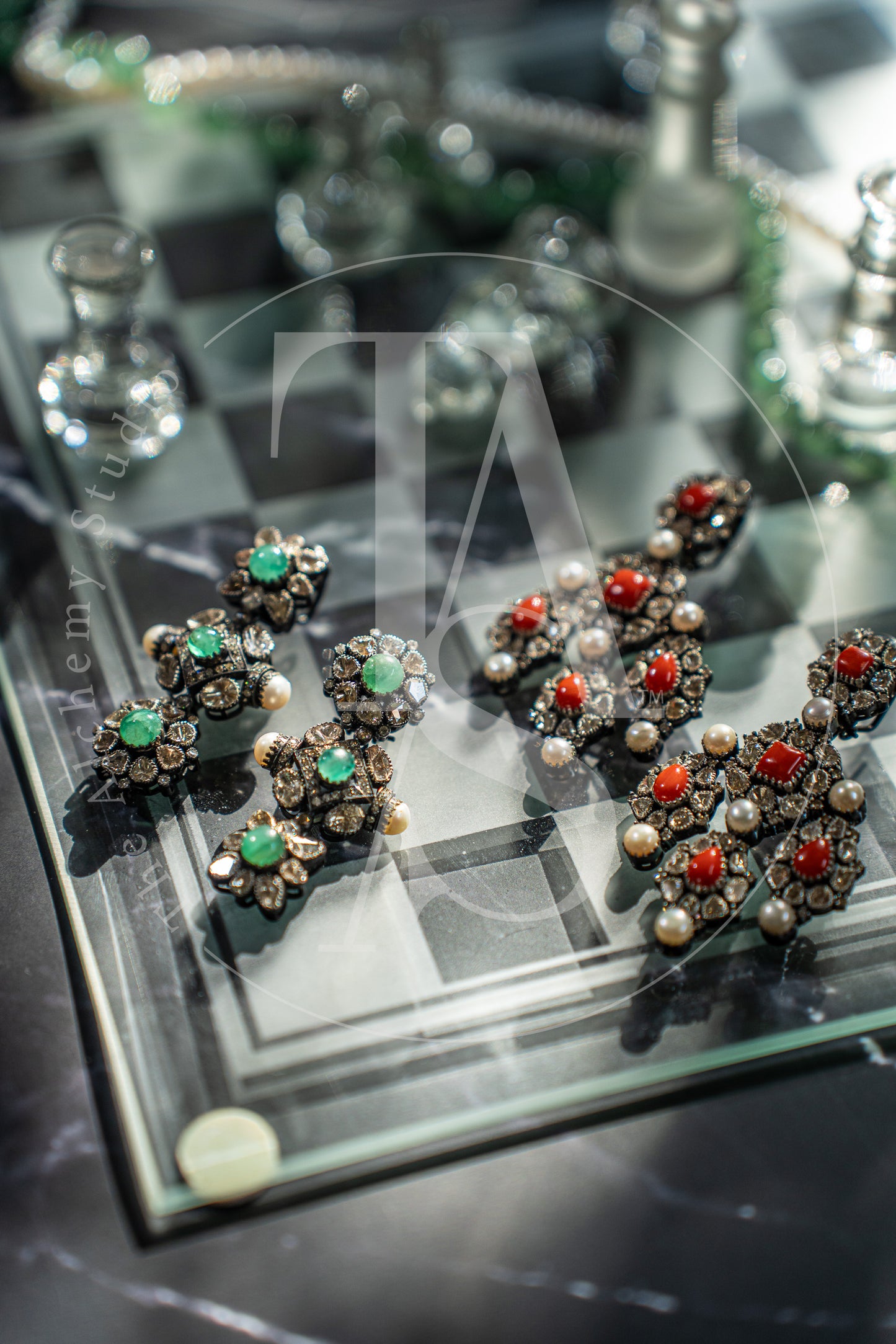 Inika Asymmetric Emerald and Uncut Diamond Earrings