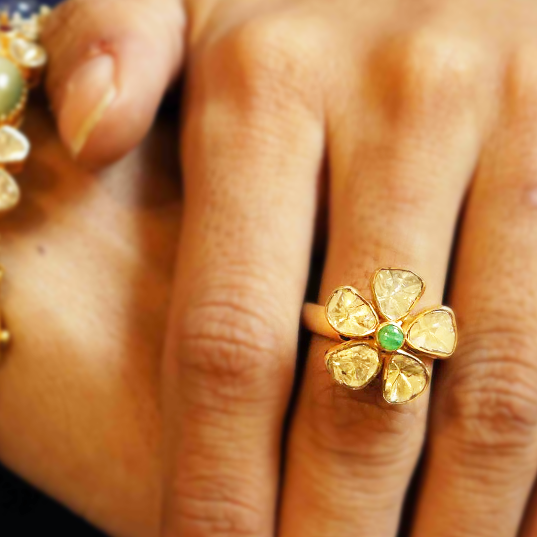 Petite Fleur Emerald Polki Ring