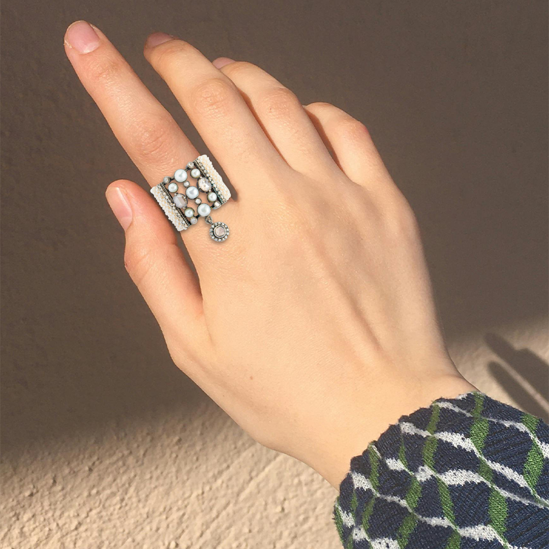 Woven Rose Pearl Polki Ring