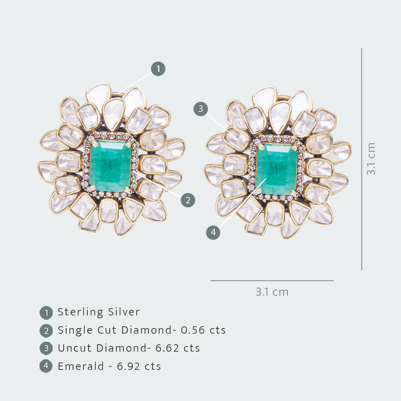 Rectangle Emerald Polki Flower Earrings