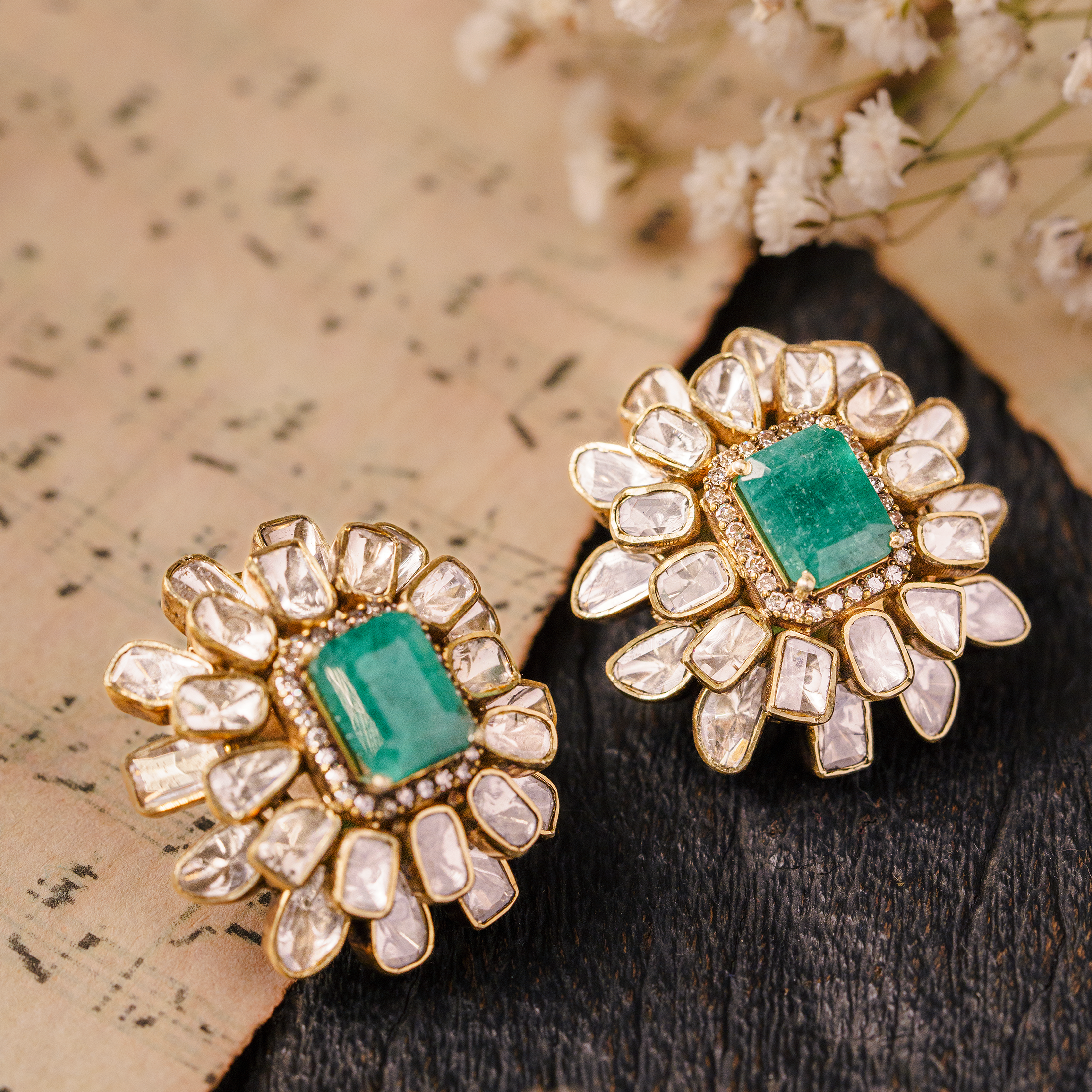 Rectangle Emerald Polki Flower Earrings