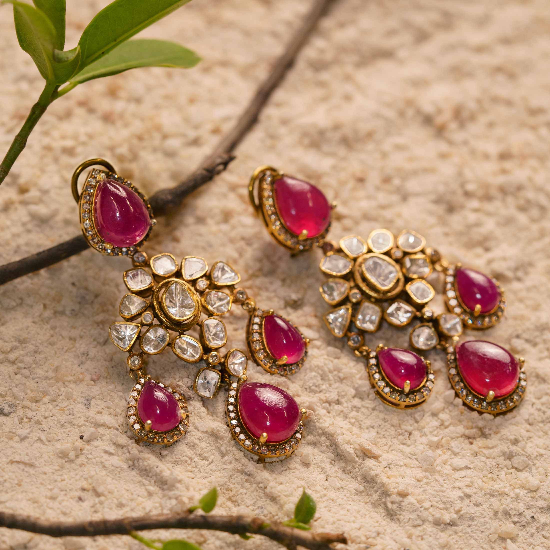 Ruby Polki Drop Flower Earrings