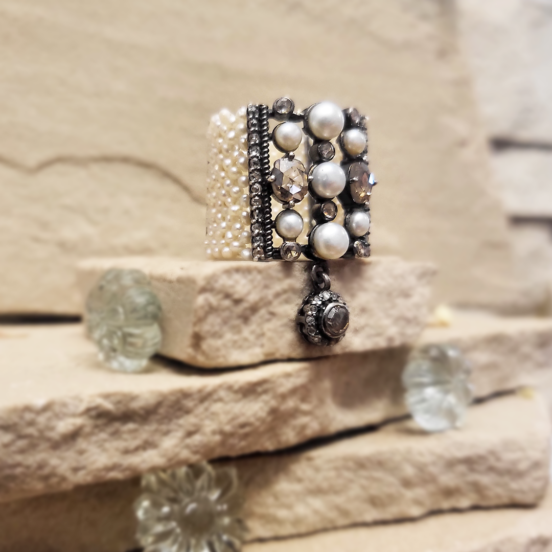 Woven Rose Pearl Polki Ring