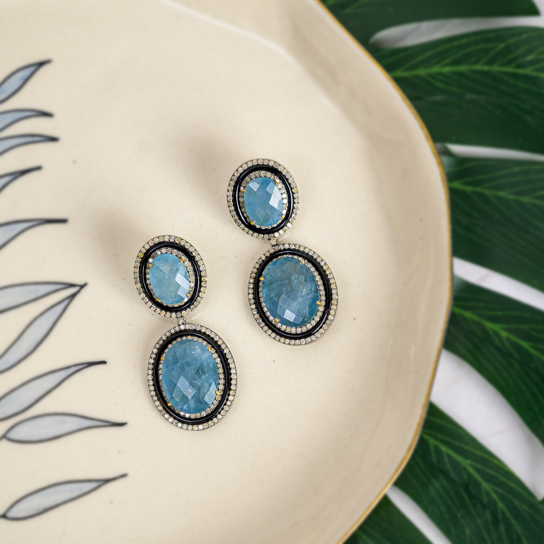 Jeune Diamond Aquamarine Black Onyx Earrings