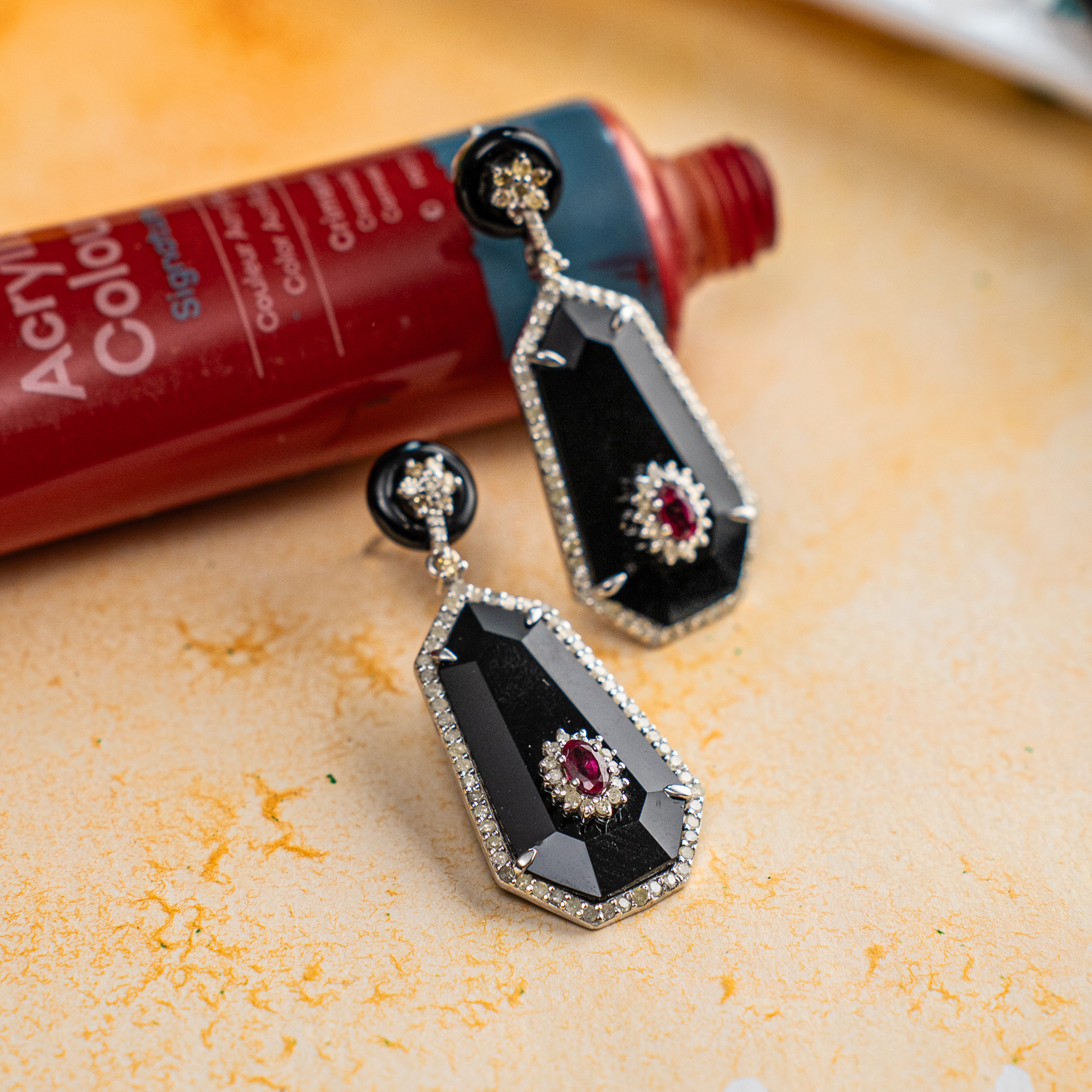 Oberon Diamond Ruby Black Onyx Earrings
