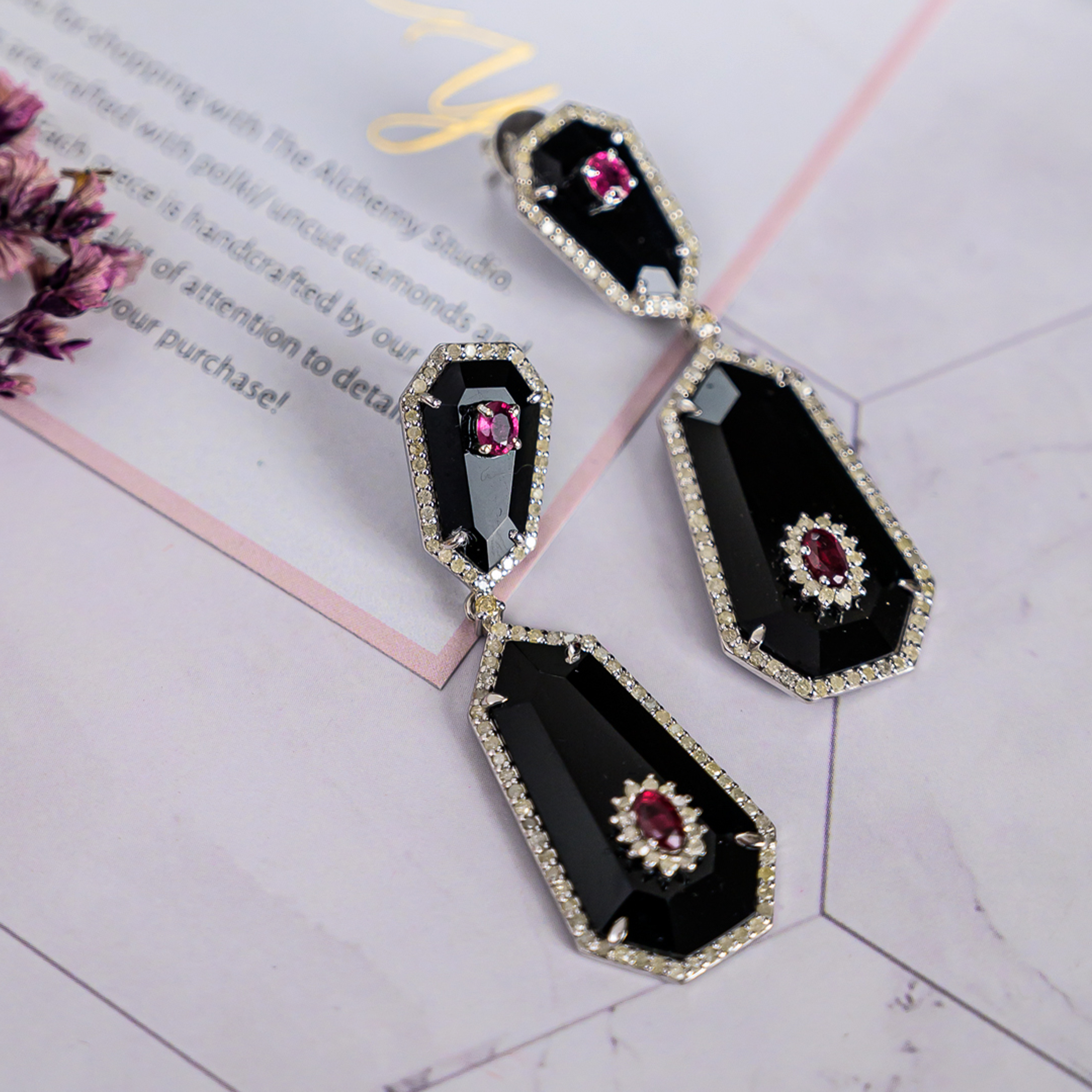 Louise Diamond Ruby Black Onyx Earrings