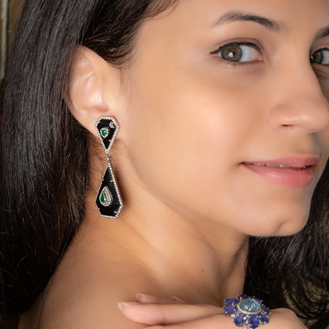 Beatrix Diamond Emerald Black Onyx Earrings