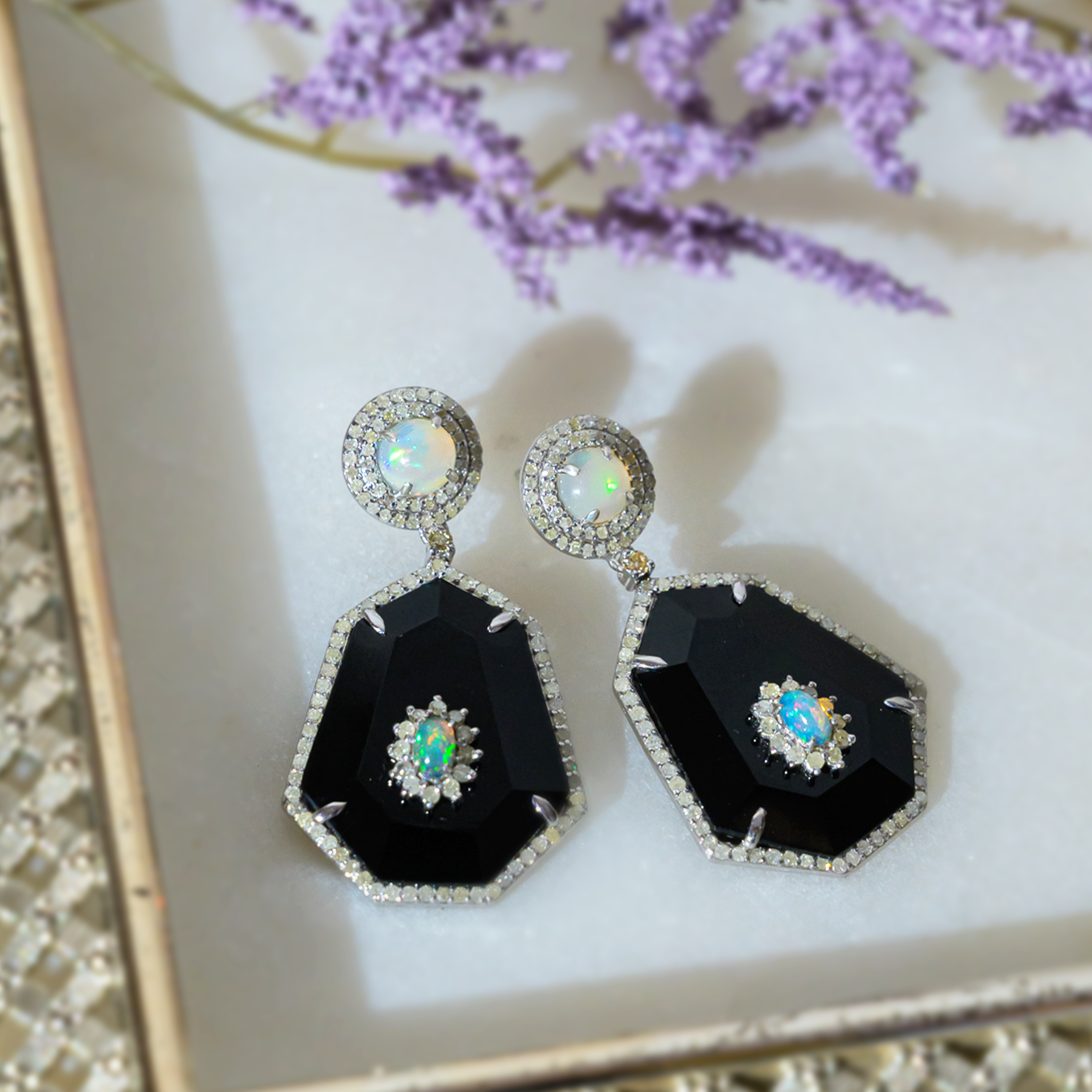 Night Moon Diamond Opal Black Onyx Earrings