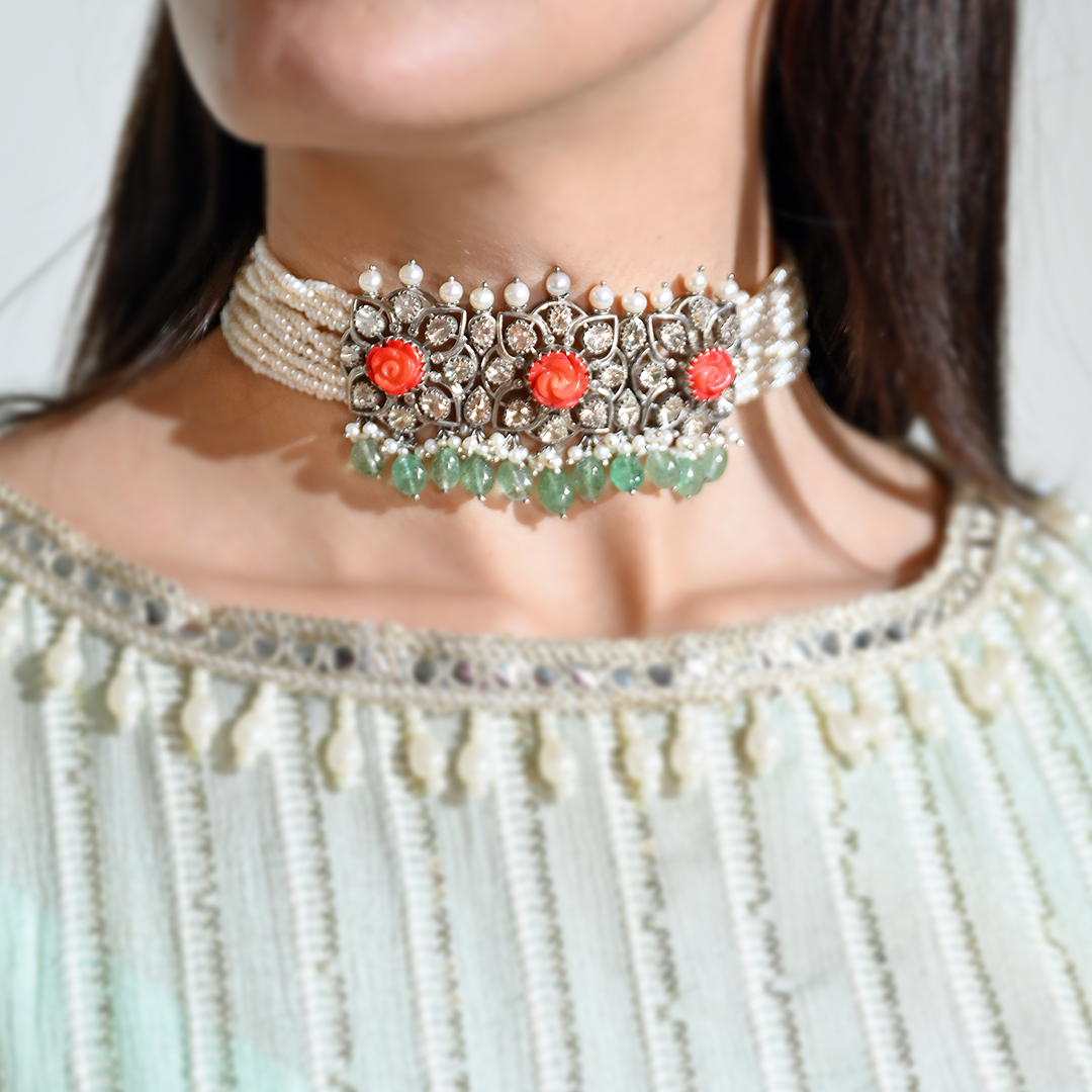 Majestic Marigold Polki Emerald Coral Choker