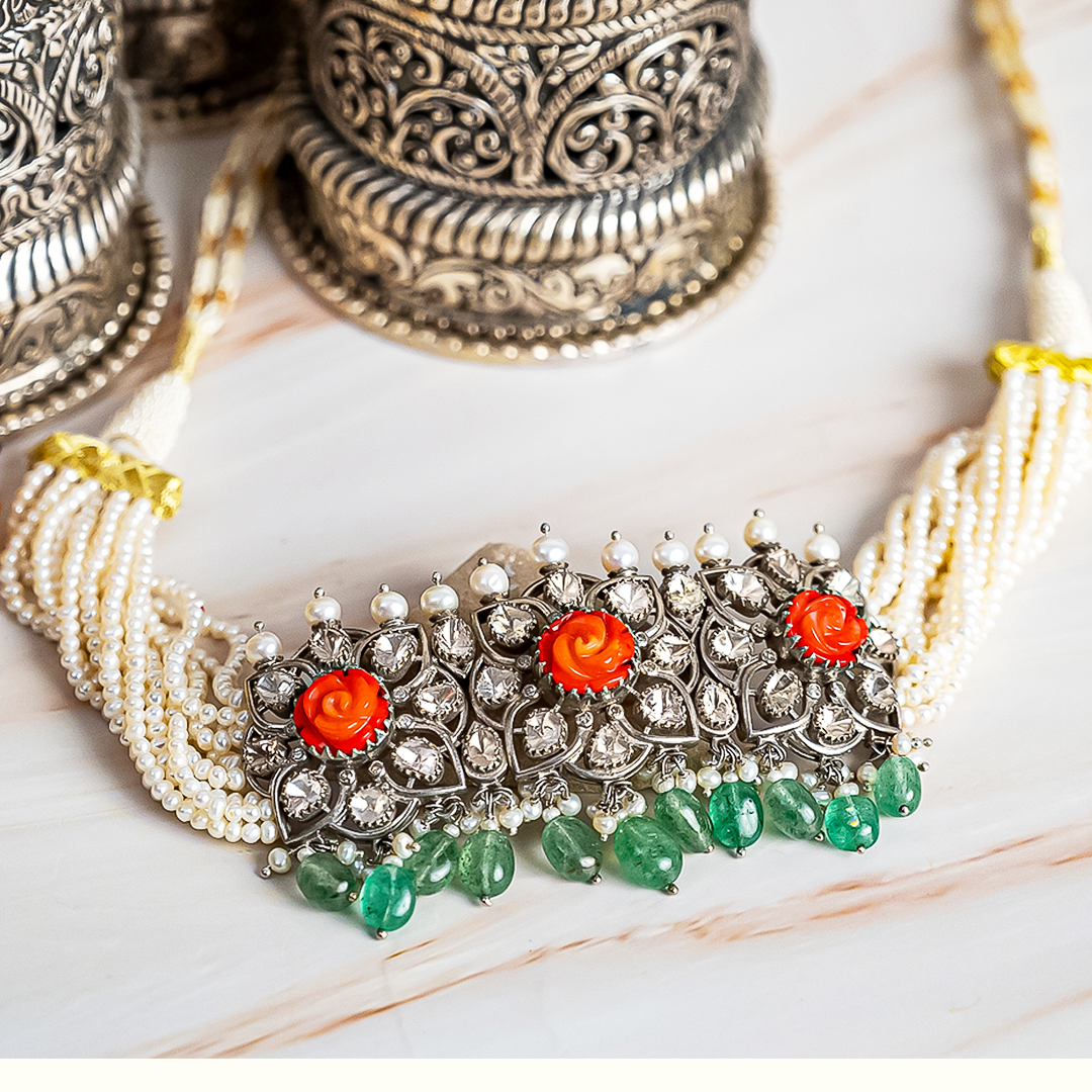 Majestic Marigold Polki Emerald Coral Choker
